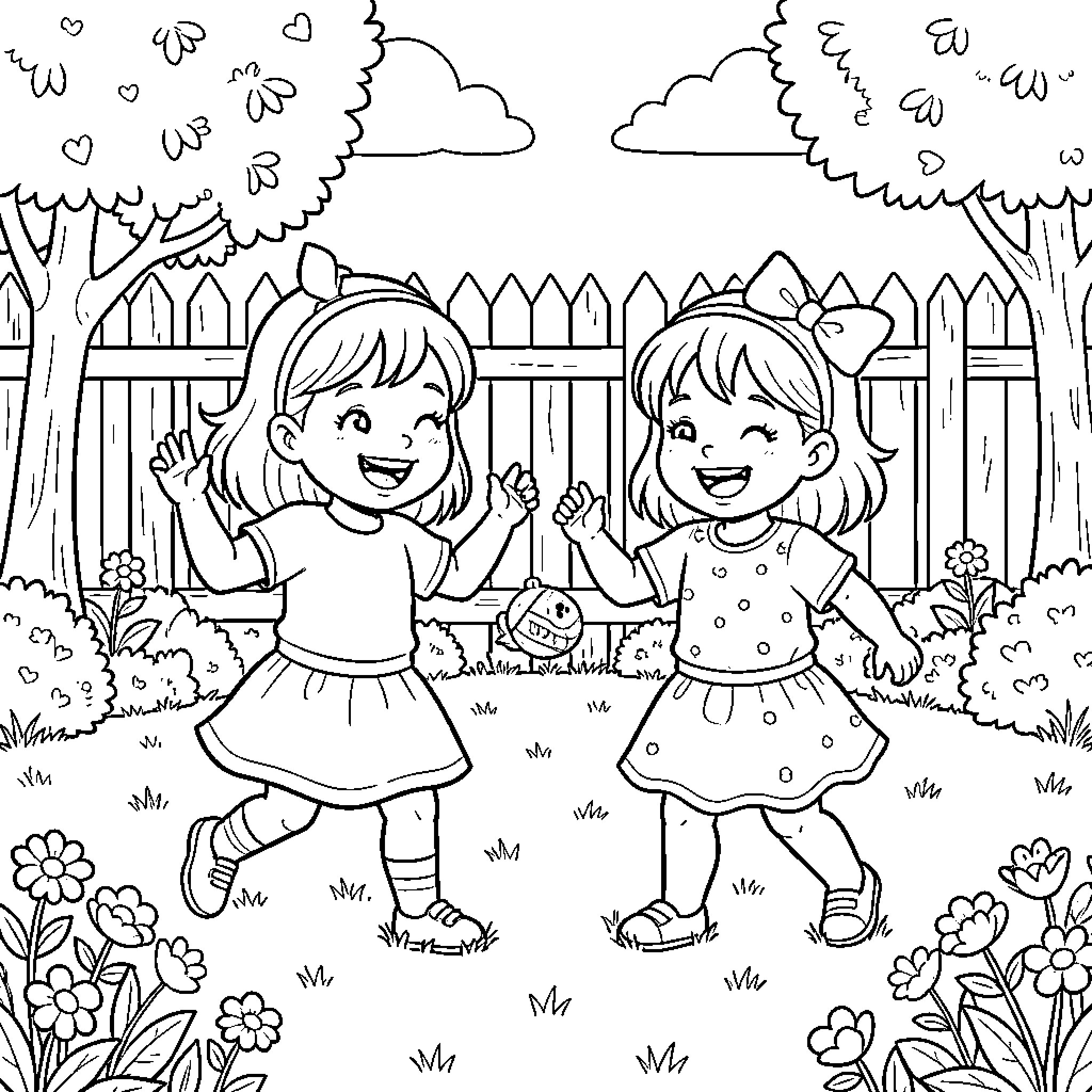 Family playing happily in the garden Coloring Page (free black-and-white line drawing printable PDF for all, from beginners to advanced learners, including children, teens, adults, and seniors)