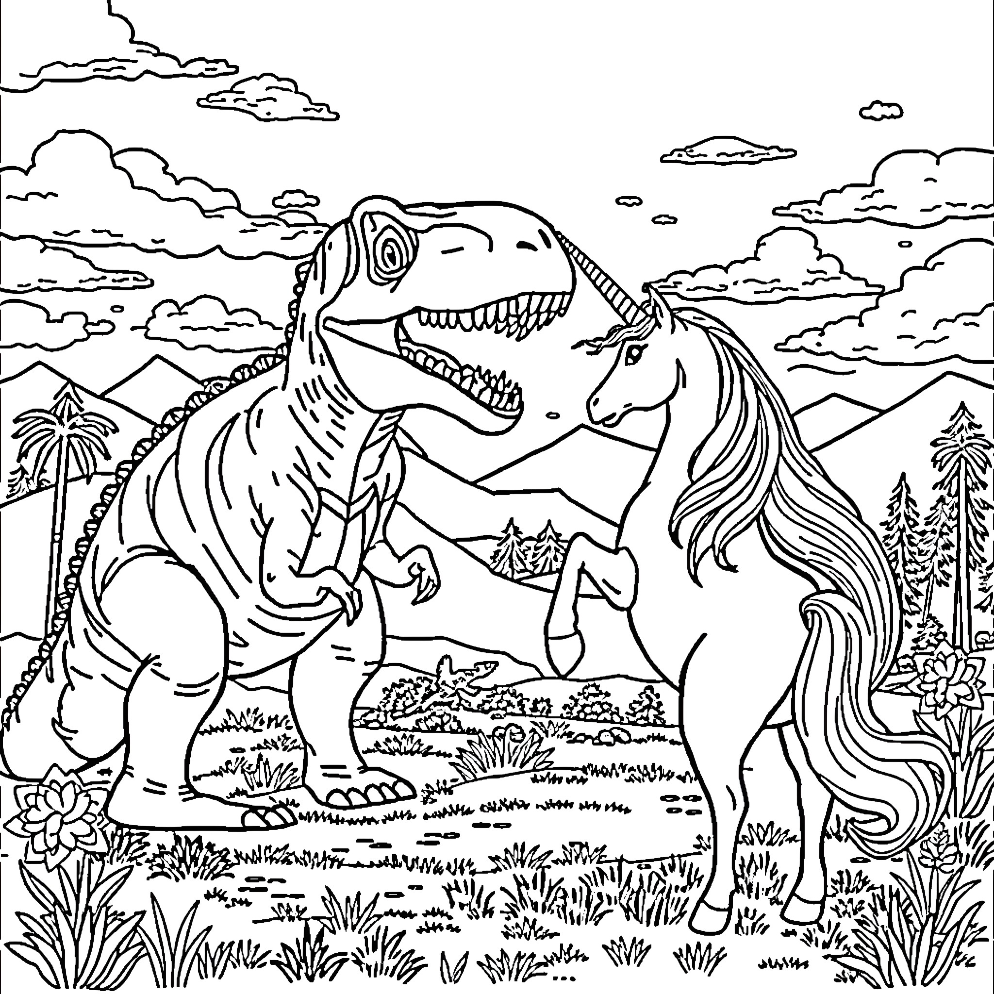 Unicorn and Dinosaur in Enchanted Forest Coloring Page (free black-and-white line drawing printable PDF for all, from beginners to advanced learners, including children, teens, adults, and seniors)