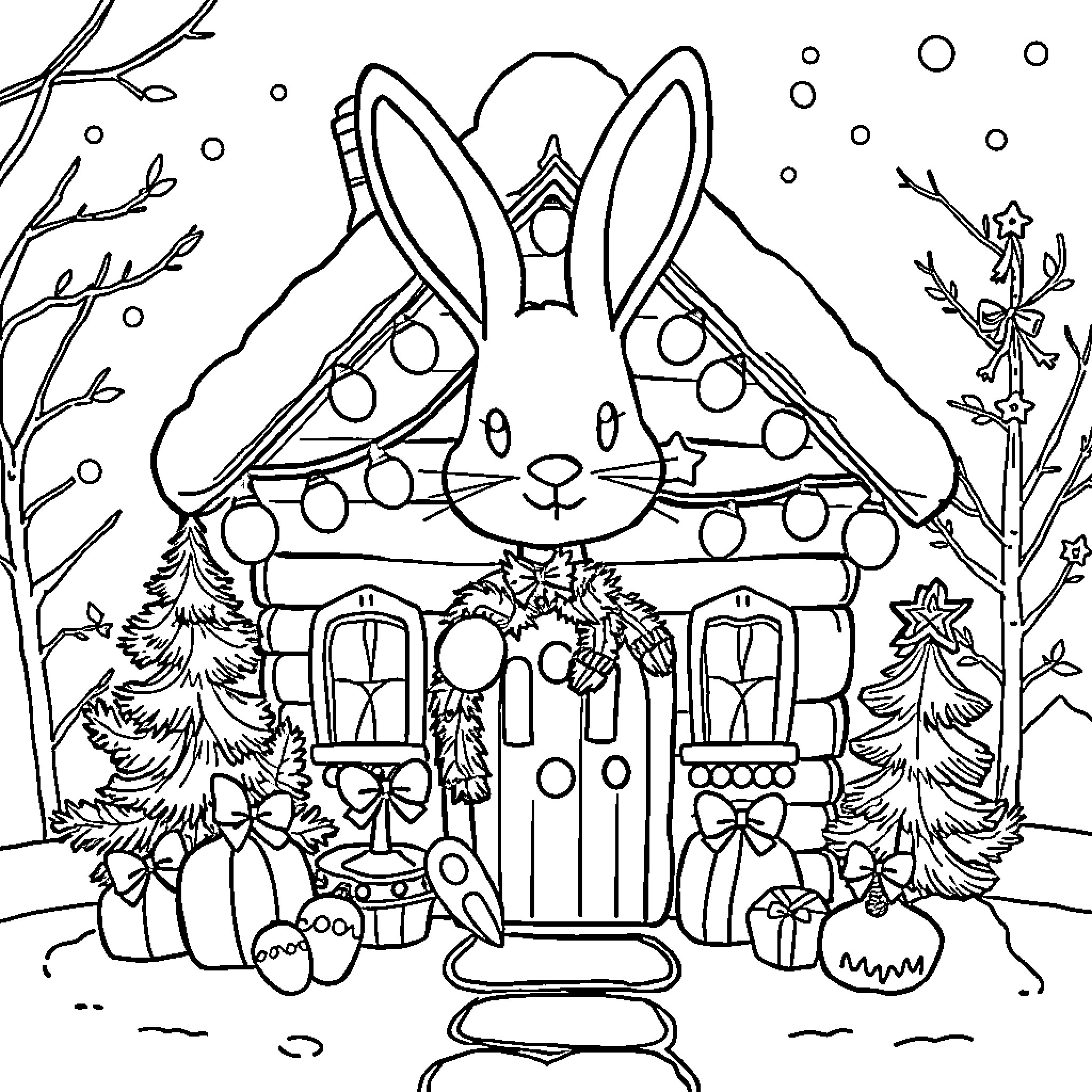 Bunny decorating festive cottage in winter scene Coloring Page (free black-and-white line drawing printable PDF for all, from beginners to advanced learners, including children, teens, adults, and seniors)