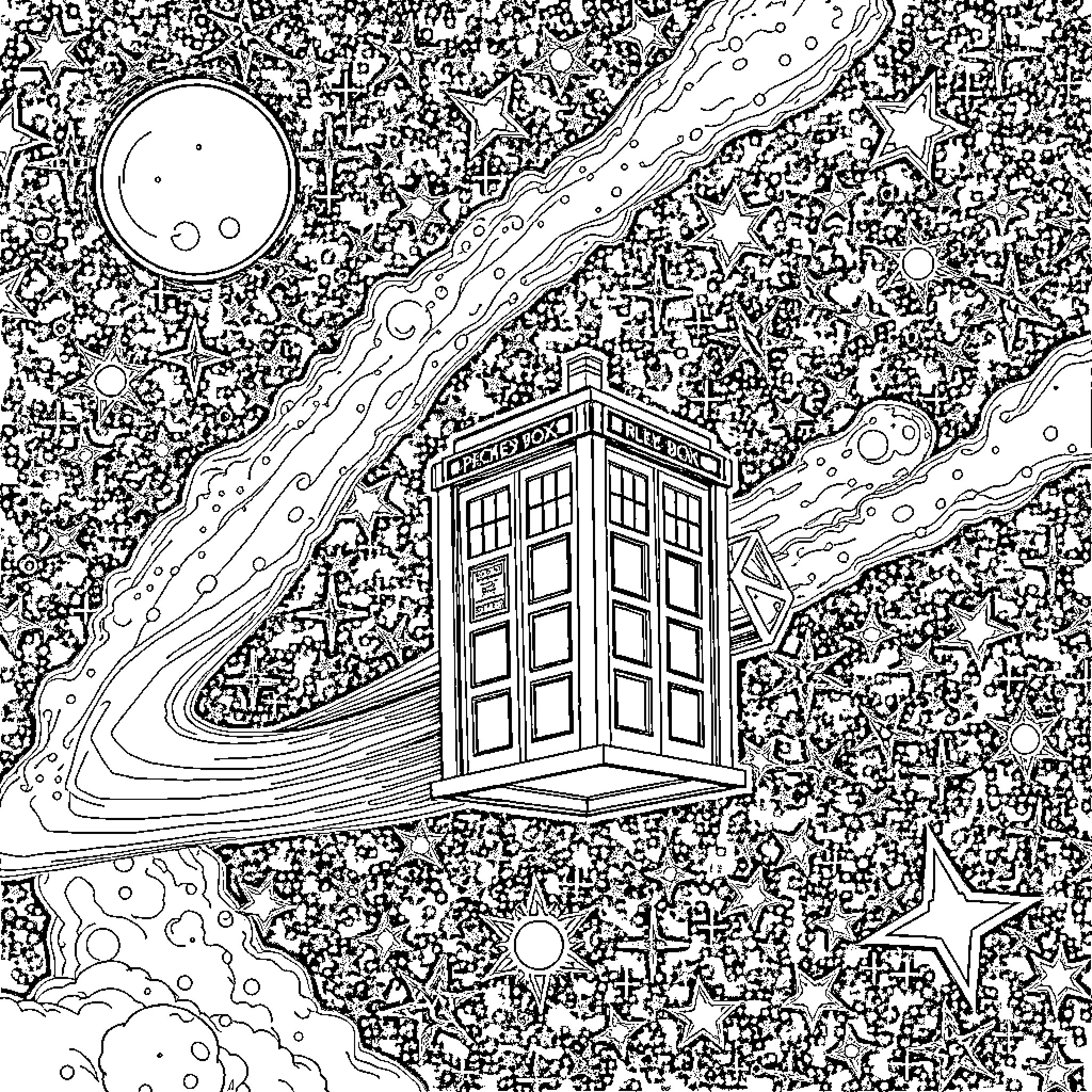 TARDIS traveling through the whimsical cosmos Coloring Page (free black-and-white line drawing printable PDF for all, from beginners to advanced learners, including children, teens, adults, and seniors)