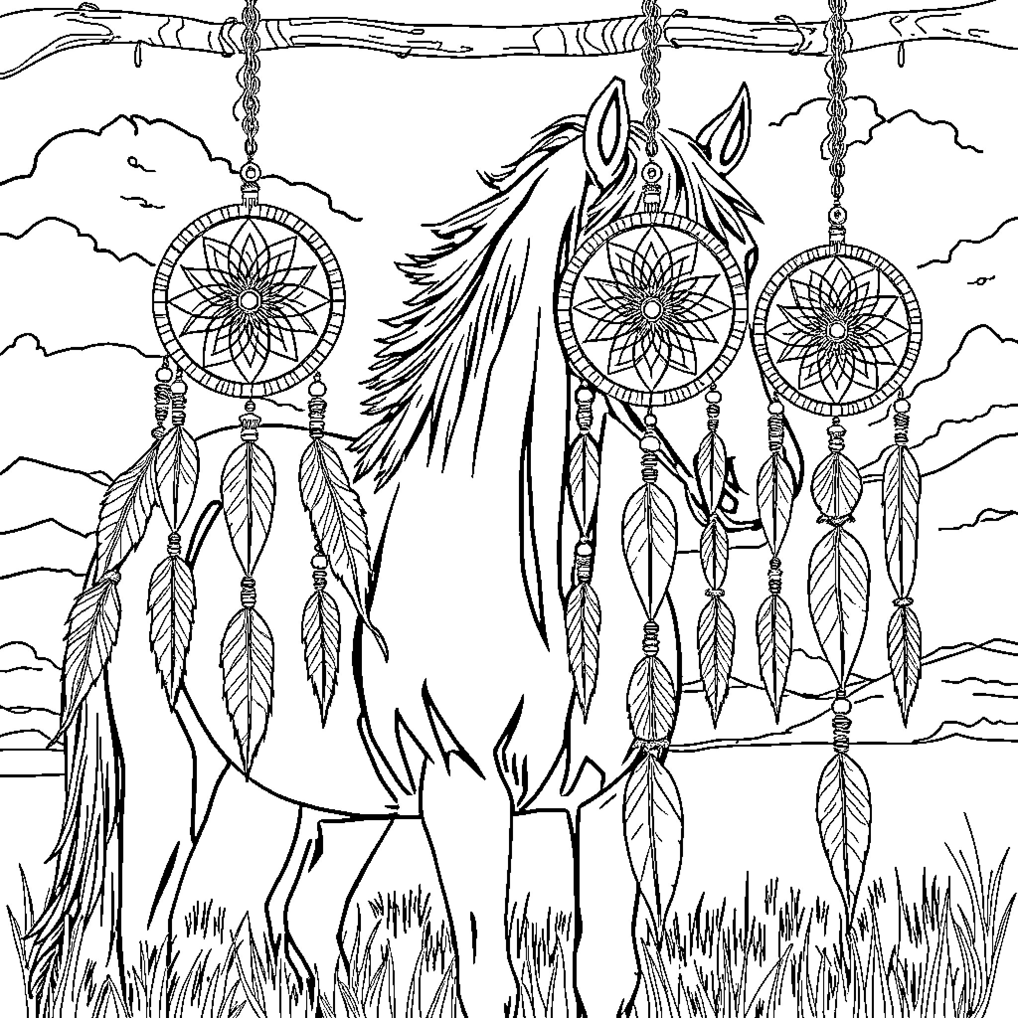 Dream Catcher with Feathers and Dreamcatchers Coloring Page (free black-and-white line drawing printable PDF for all, from beginners to advanced learners, including children, teens, adults, and seniors)