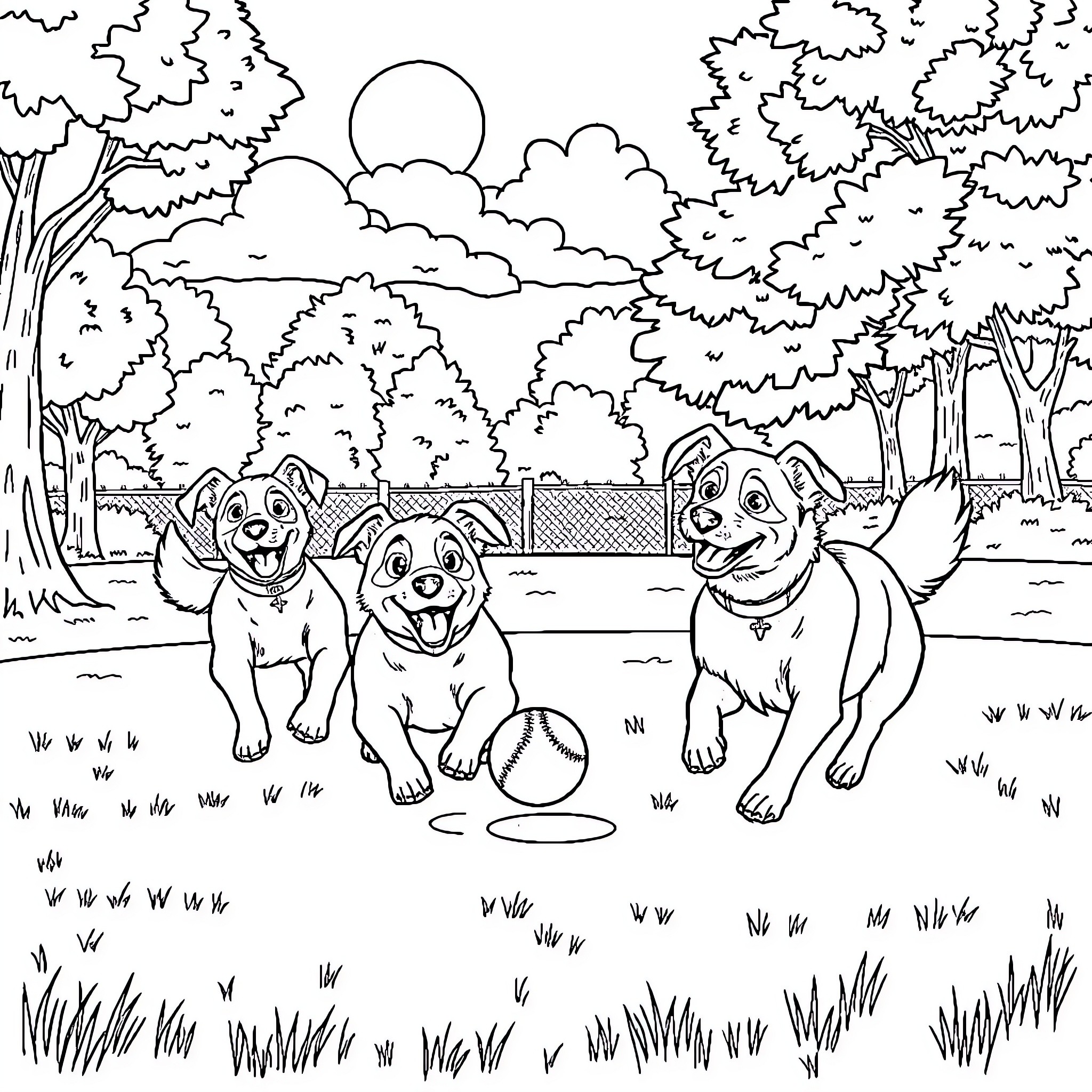 Dog companions playing happily in the park Coloring Page (free black-and-white line drawing printable PDF for all, from beginners to advanced learners, including children, teens, adults, and seniors)