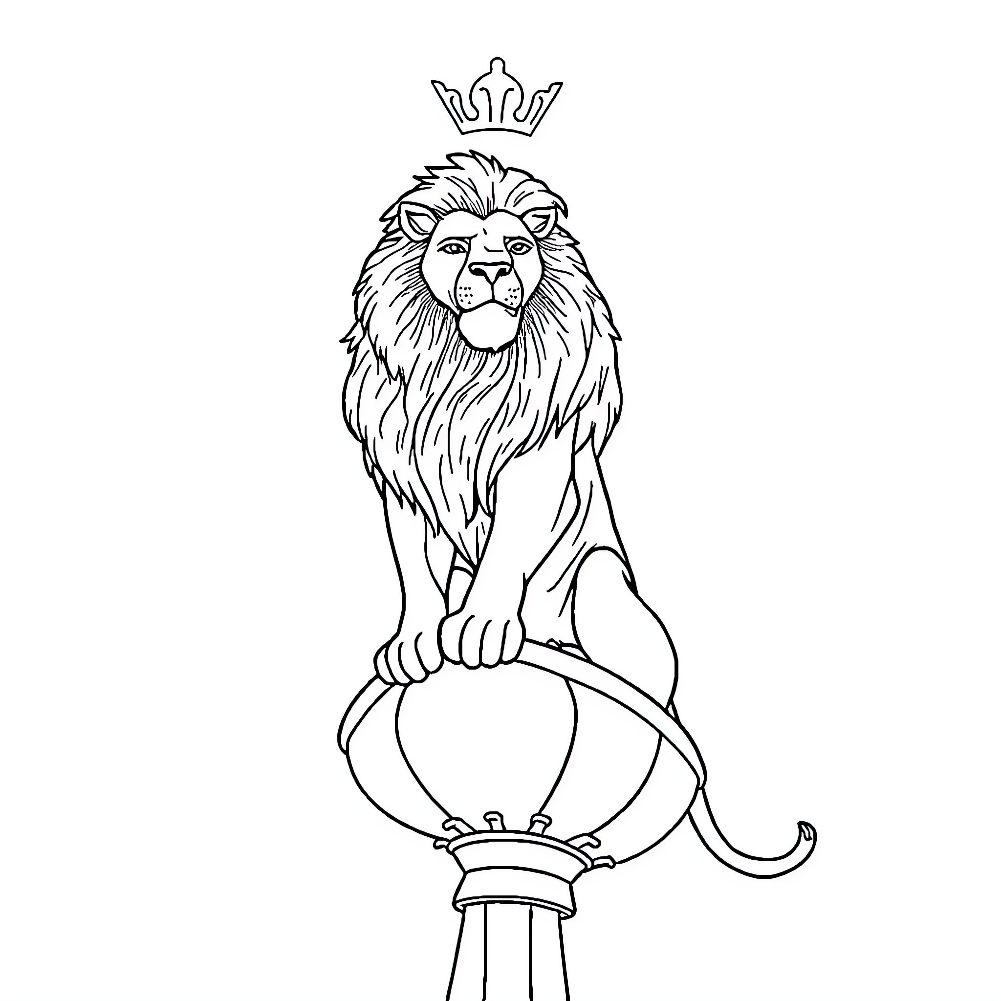 Lion with a crown sitting on a pedestal Coloring Page (free black-and-white line drawing printable PDF for all, from beginners to advanced learners, including children, teens, adults, and seniors)