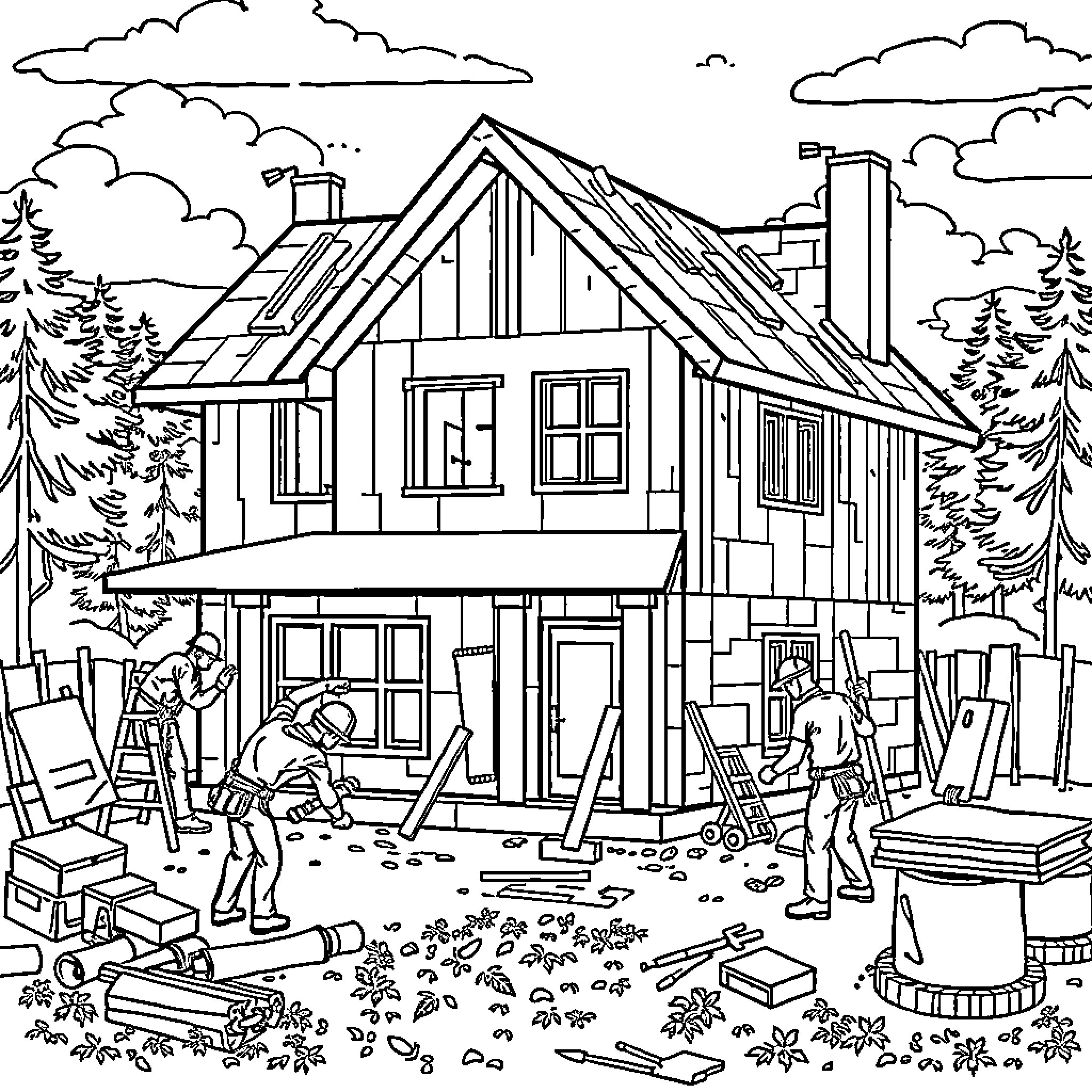 House under construction with workers and tools Coloring Page (free black-and-white line drawing printable PDF for all, from beginners to advanced learners, including children, teens, adults, and seniors)