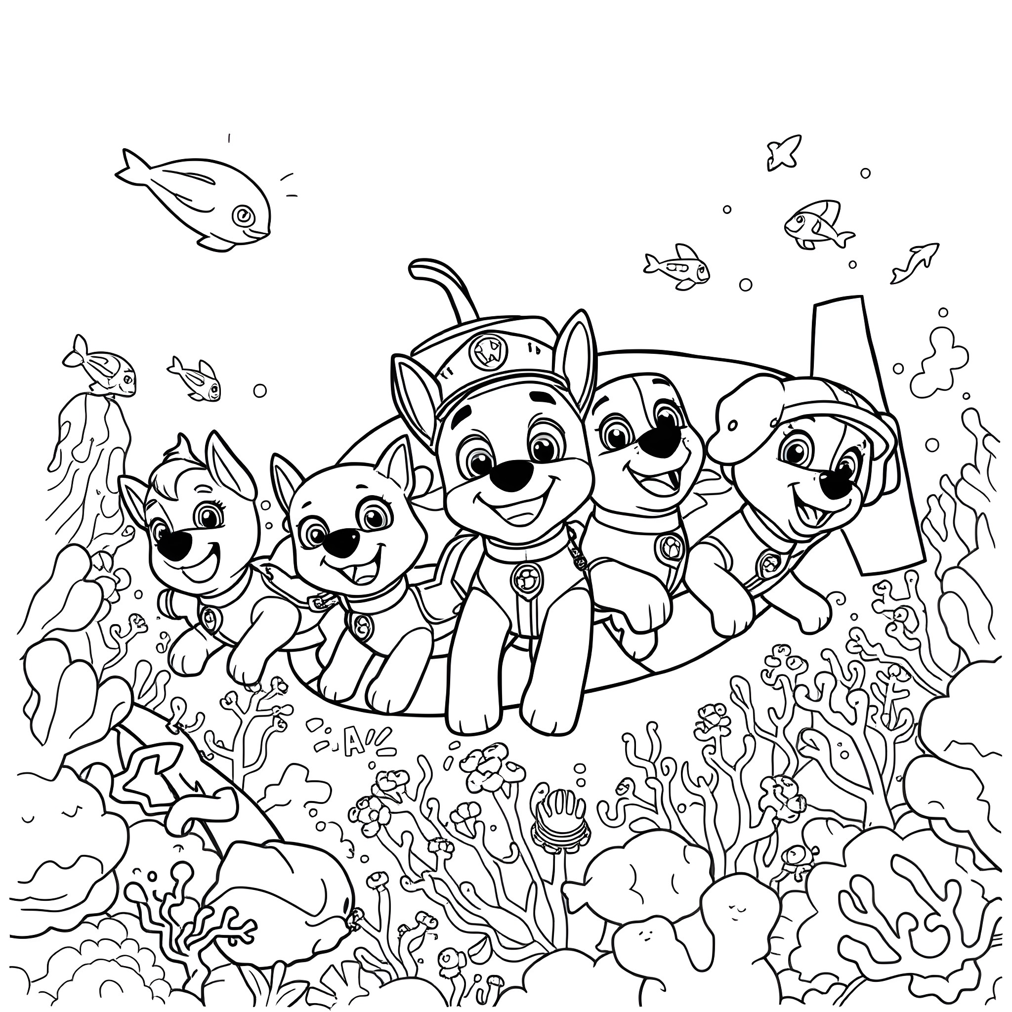 Paw Patrol characters exploring the underwater world Coloring Page (free black-and-white line drawing printable PDF for all, from beginners to advanced learners, including children, teens, adults, and seniors)