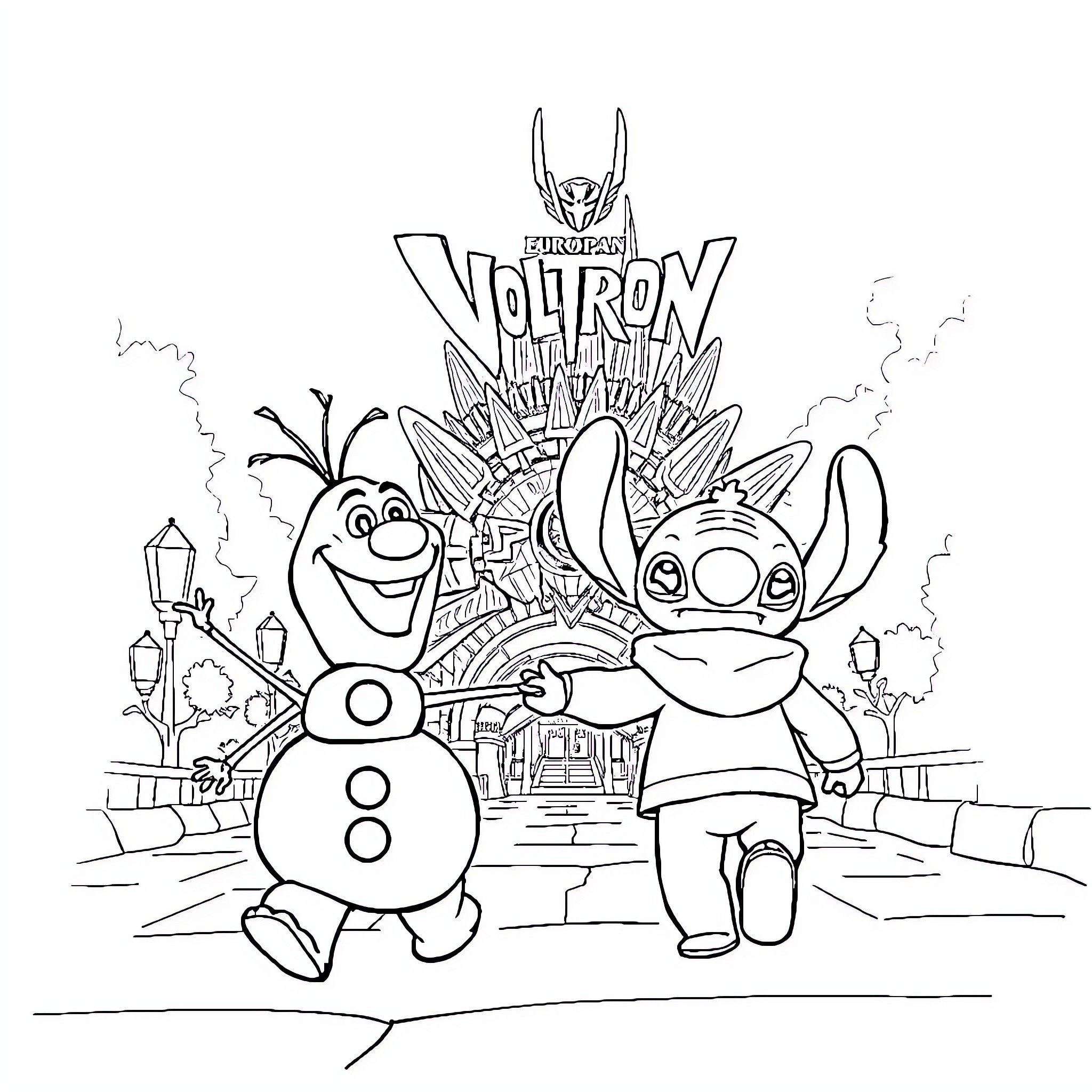 Olaf and Stitch exploring Disney World Coloring Page (free black-and-white line drawing printable PDF for all, from beginners to advanced learners, including children, teens, adults, and seniors)