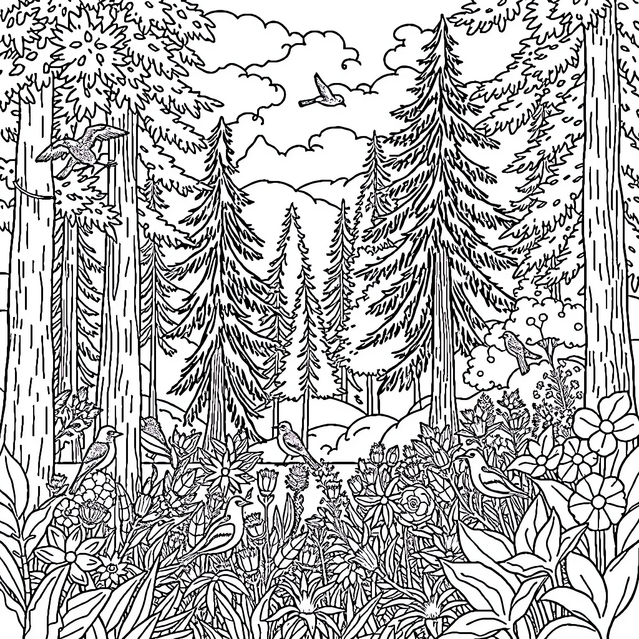 Nature's Enchanting Forest Retreat Coloring Page (free black-and-white line drawing printable PDF for all, from beginners to advanced learners, including children, teens, adults, and seniors)