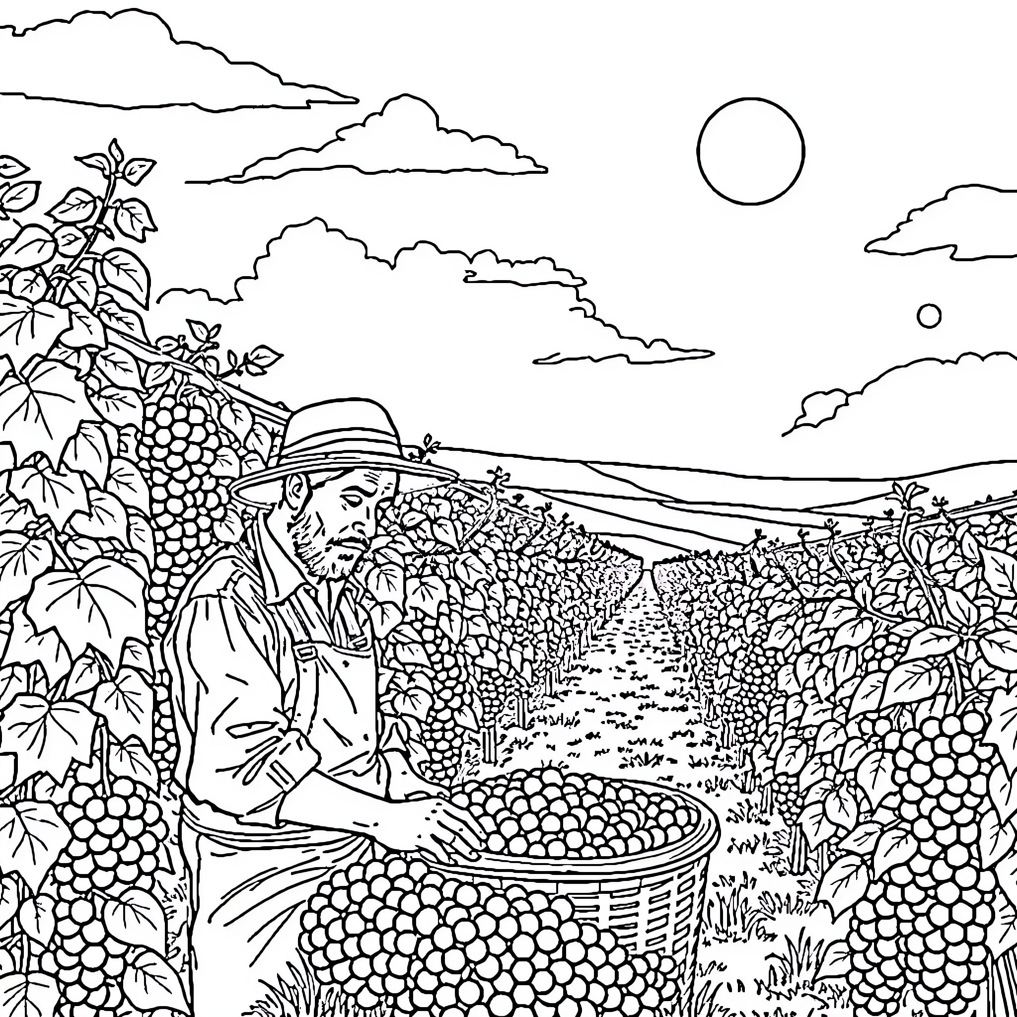 Vineyard Worker Harvesting Grapes in the Countryside Coloring Page (free black-and-white line drawing printable PDF for all, from beginners to advanced learners, including children, teens, adults, and seniors)