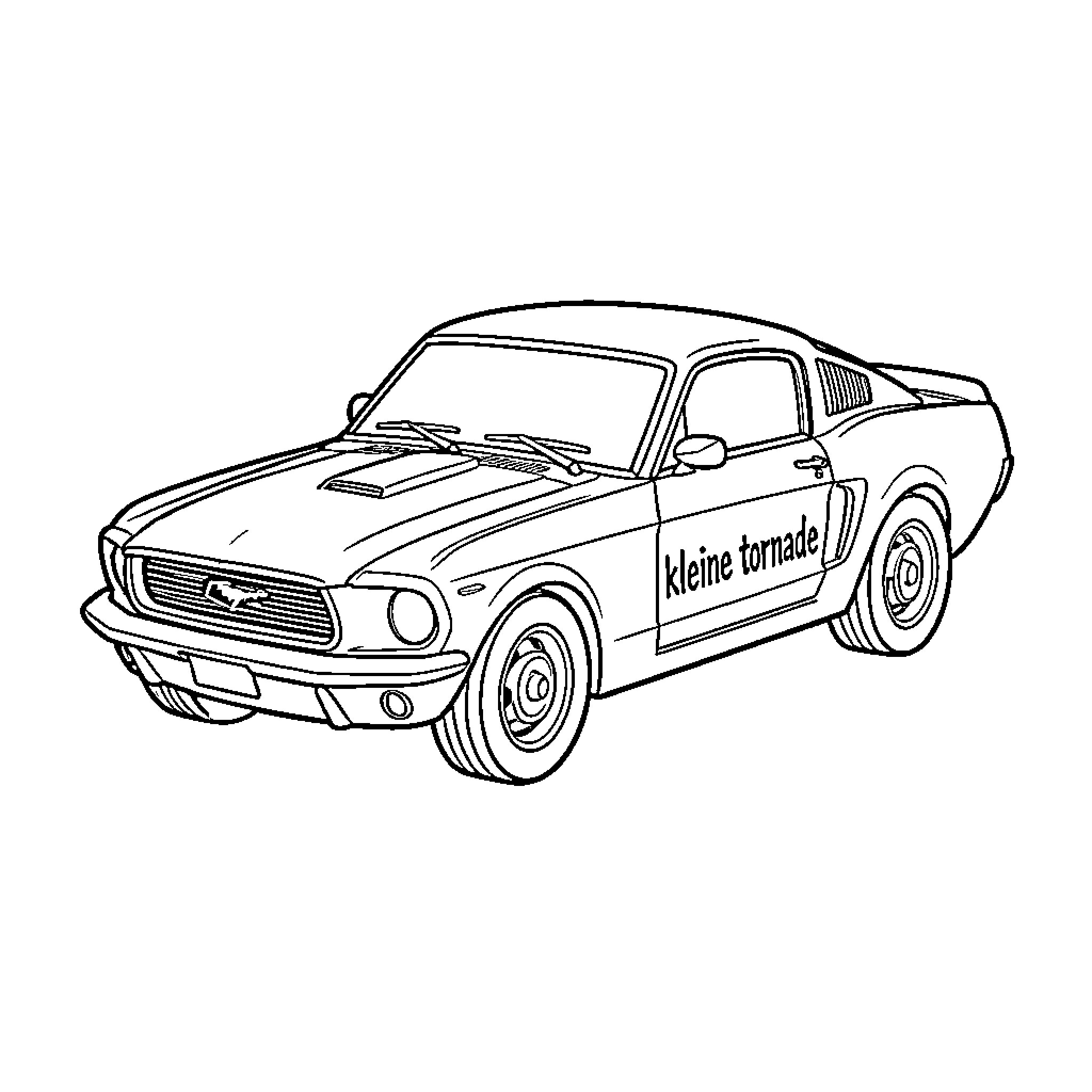 Ford Mustang parked with custom text on the door Coloring Page (free black-and-white line drawing printable PDF for all, from beginners to advanced learners, including children, teens, adults, and seniors)