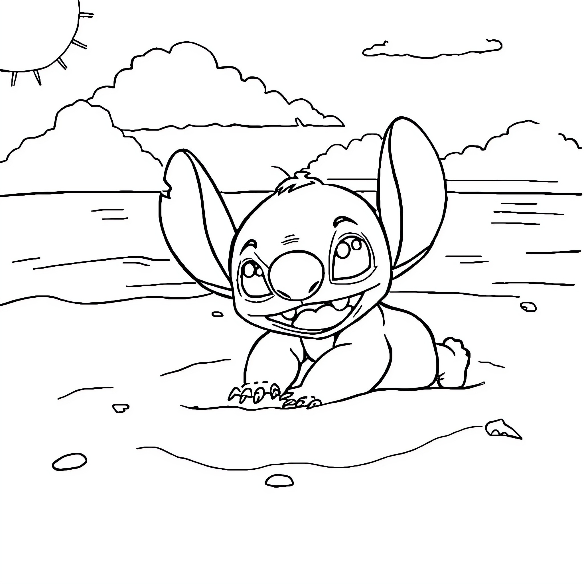 Stitch playing on the beach Coloring Page (free black-and-white line drawing printable PDF for all, from beginners to advanced learners, including children, teens, adults, and seniors)