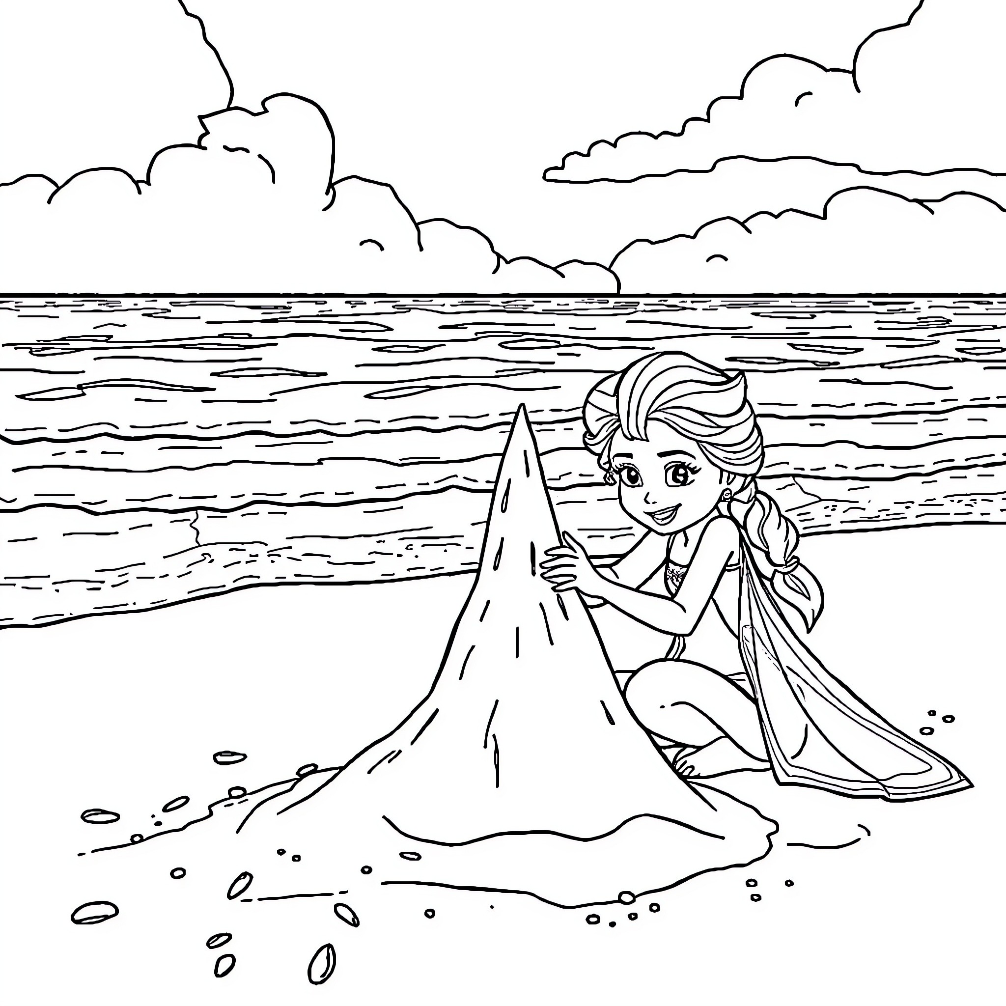 Elsa building a sand castle on the beach Coloring Page (free black-and-white line drawing printable PDF for all, from beginners to advanced learners, including children, teens, adults, and seniors)