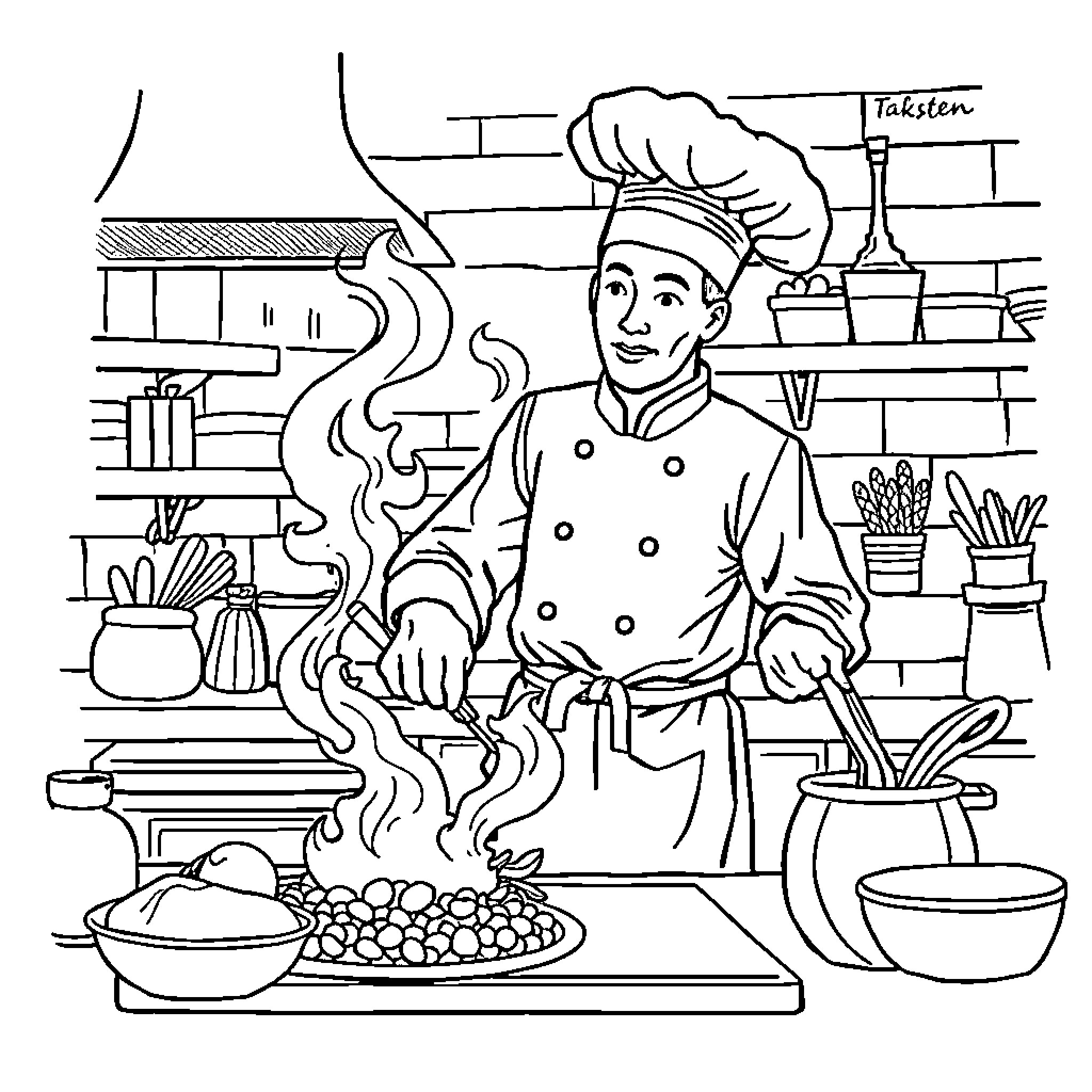 Cook Preparing Delicious Meal in the Kitchen Coloring Page (free black-and-white line drawing printable PDF for all, from beginners to advanced learners, including children, teens, adults, and seniors)