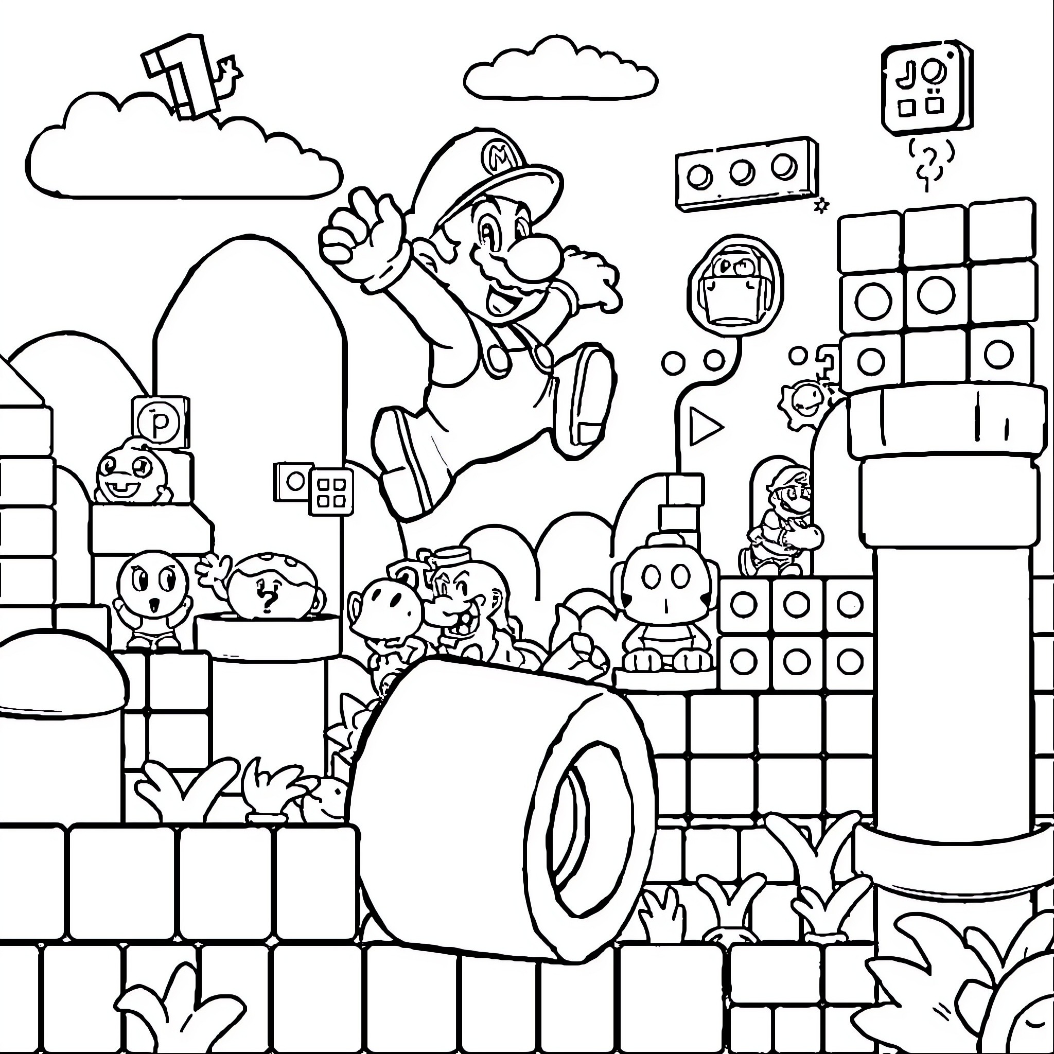 Super Mario's Platforming Adventure in the Pixelated World Coloring Page (free black-and-white line drawing printable PDF for all, from beginners to advanced learners, including children, teens, adults, and seniors)