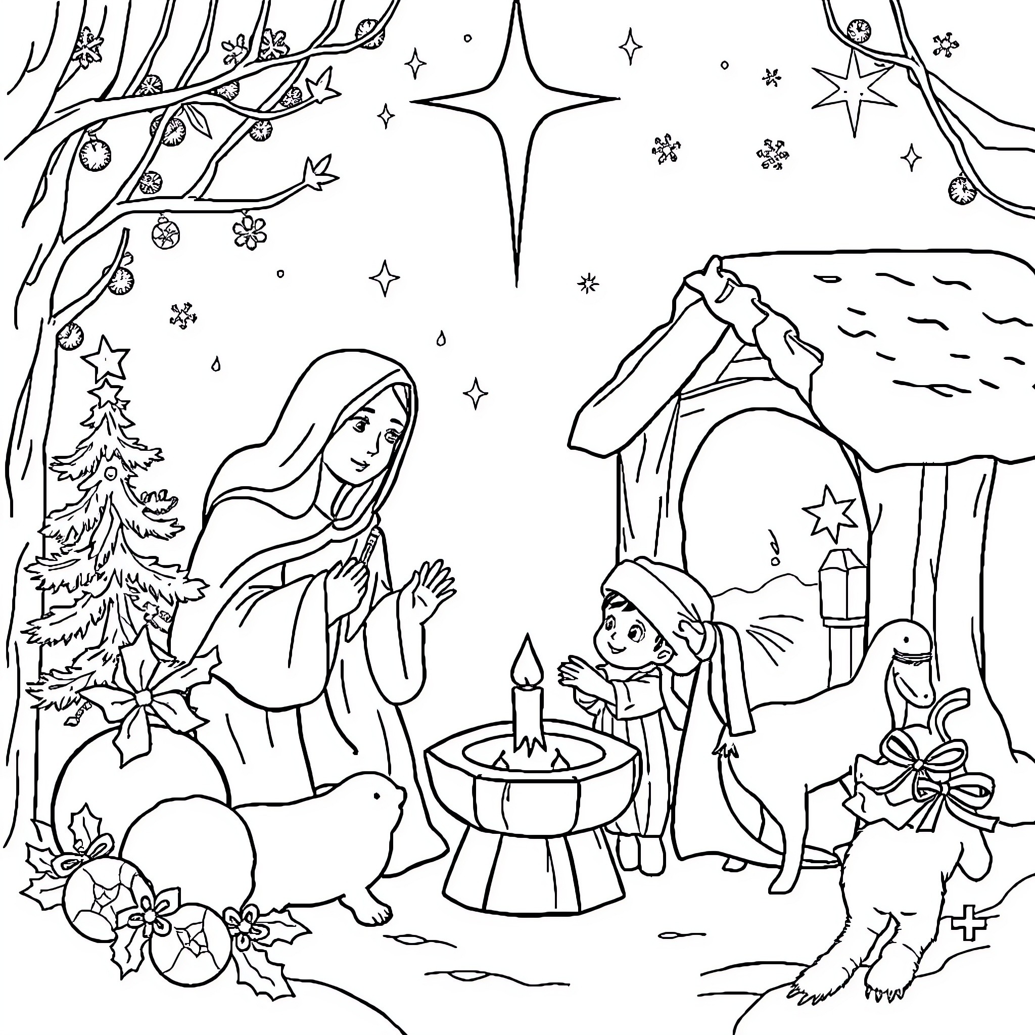 Christmas Story: Family Gathering in Snowy Forest Coloring Page (free black-and-white line drawing printable PDF for all, from beginners to advanced learners, including children, teens, adults, and seniors)
