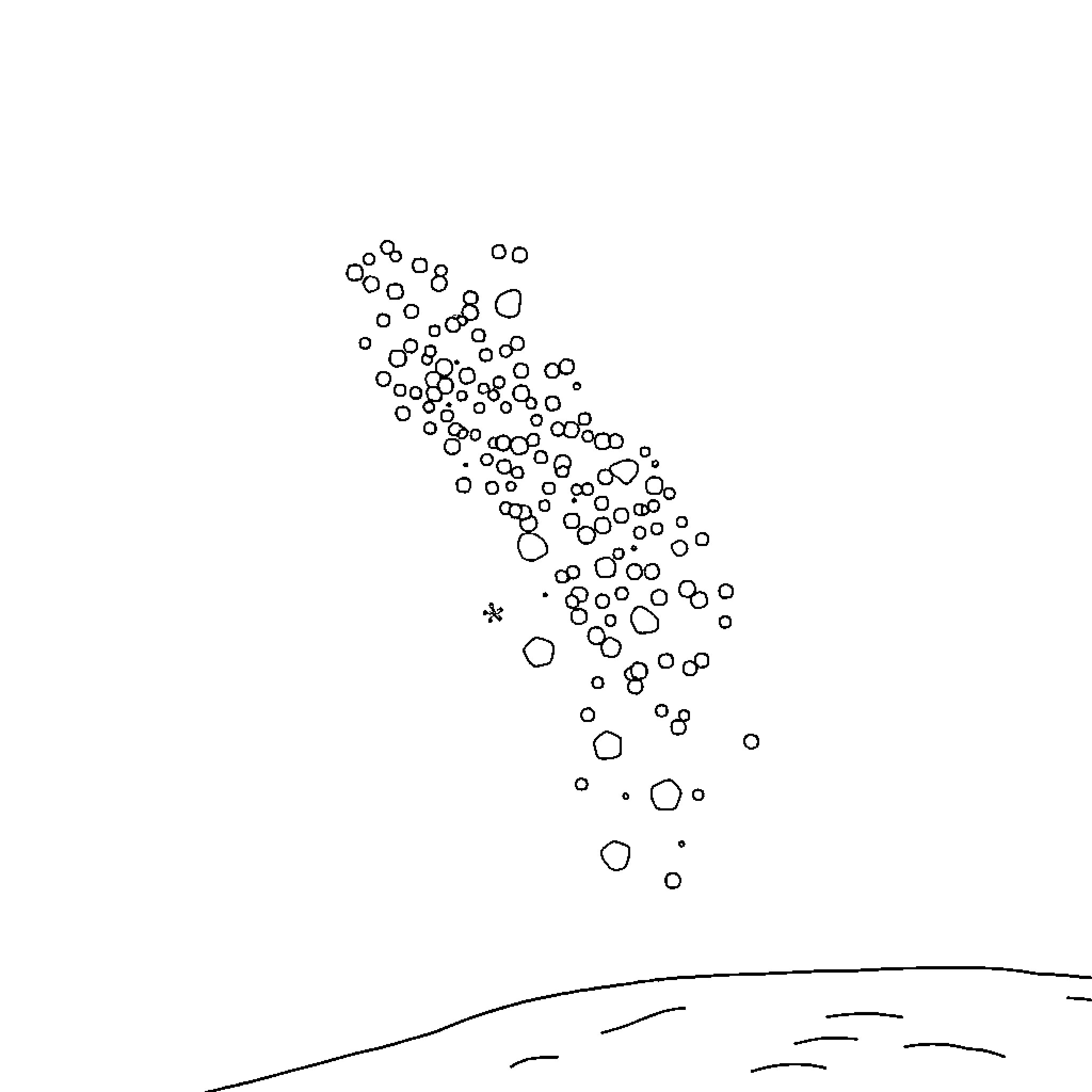 Snowflake dance in the winter landscape Coloring Page (free black-and-white line drawing printable PDF for all, from beginners to advanced learners, including children, teens, adults, and seniors)