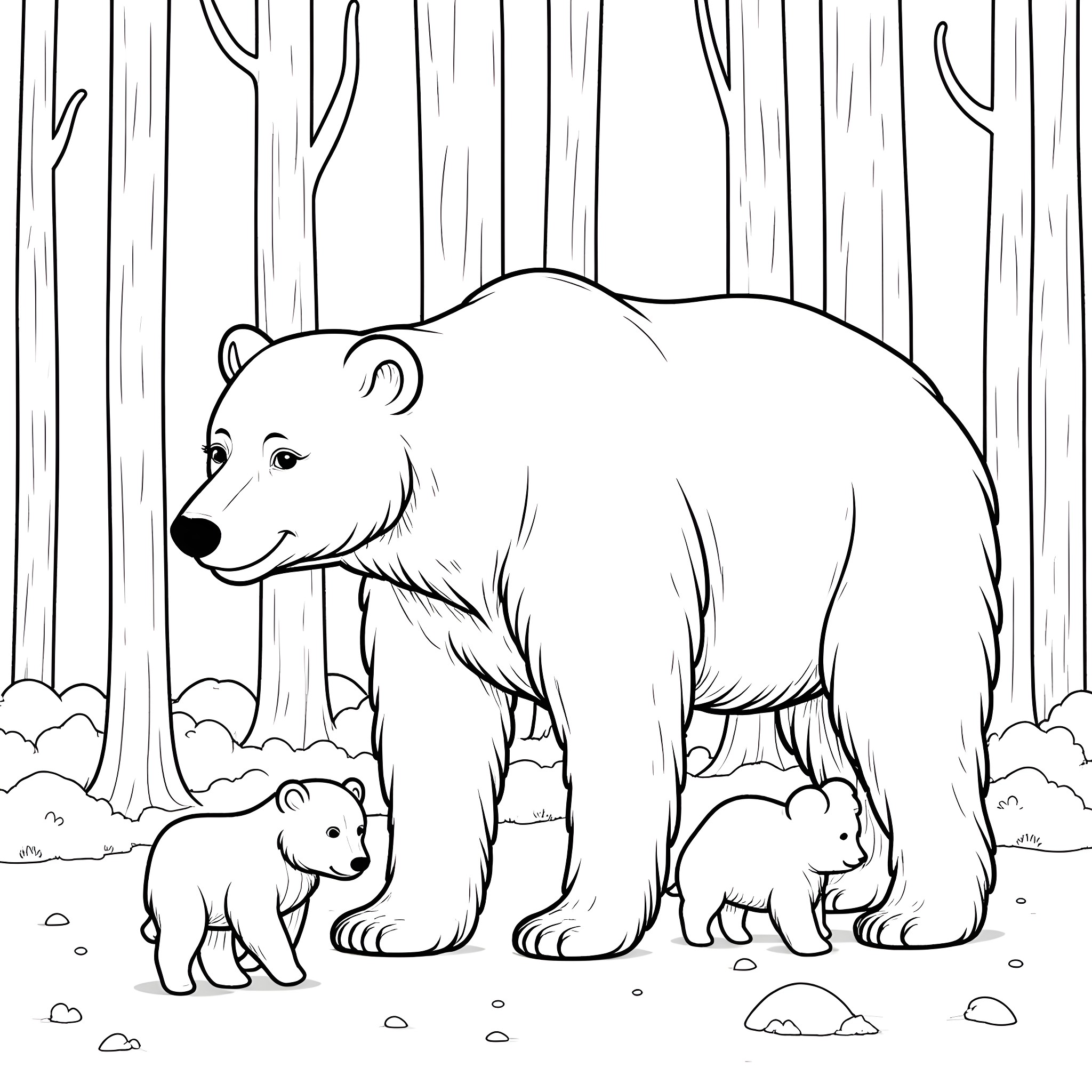 Bear family in the forest Coloring Page (free black-and-white line drawing printable PDF for all, from beginners to advanced learners, including children, teens, adults, and seniors)