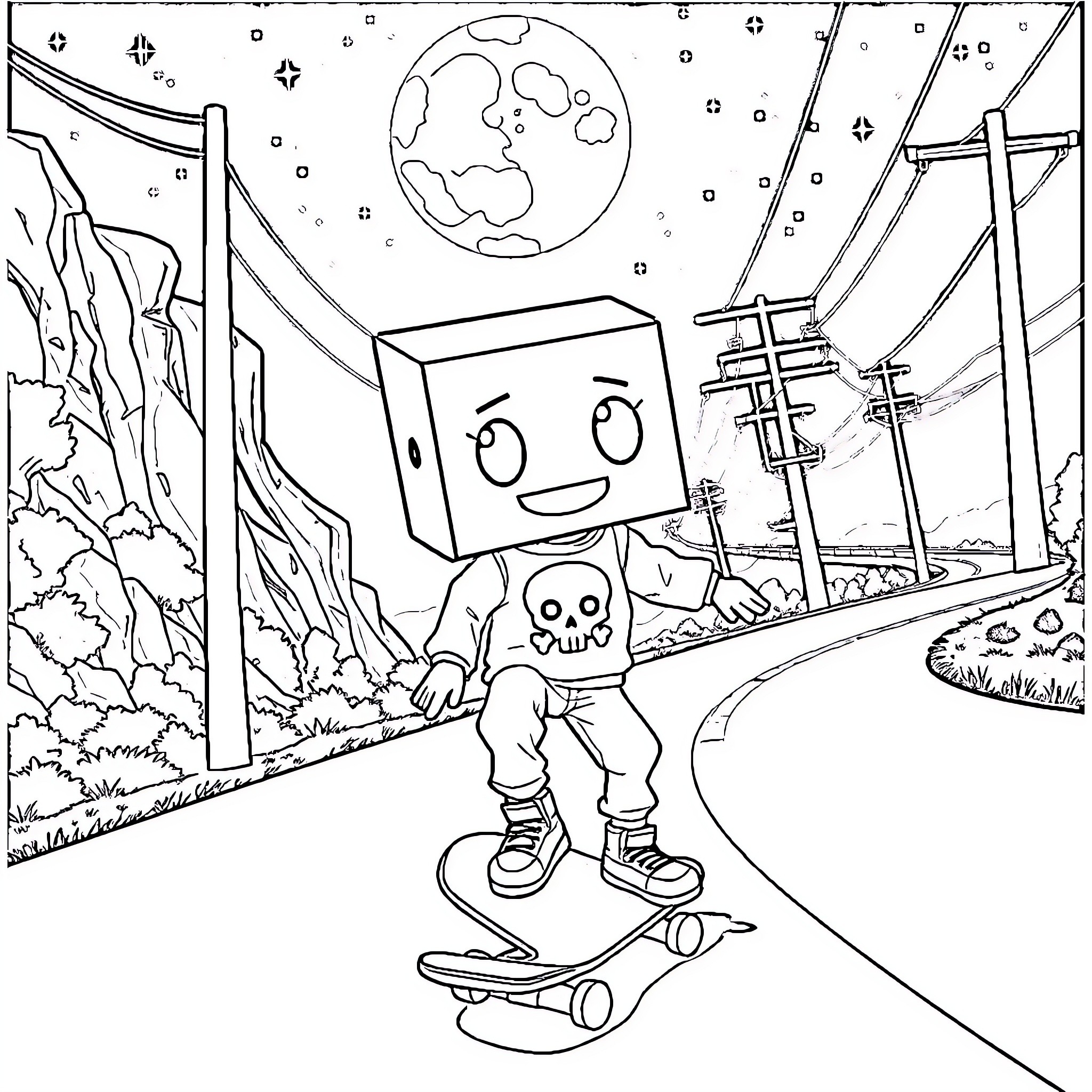 Skateboarder exploring a futuristic landscape Coloring Page (free black-and-white line drawing printable PDF for all, from beginners to advanced learners, including children, teens, adults, and seniors)