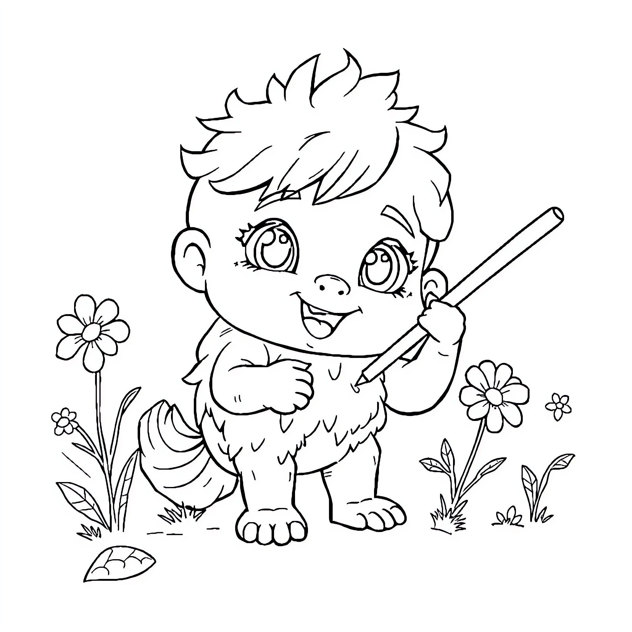 Image of a cheerful cartoon creature holding a flower Coloring Page (free black-and-white line drawing printable PDF for all, from beginners to advanced learners, including children, teens, adults, and seniors)