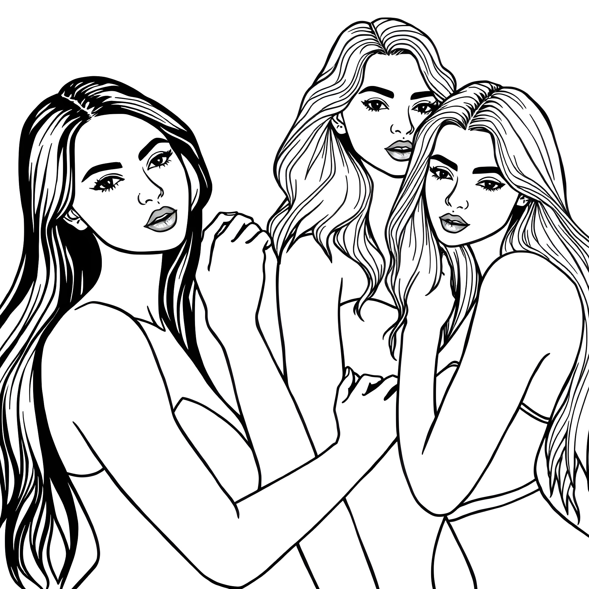 Woman in contemplative pose with friends Coloring Page (free black-and-white line drawing printable PDF for all, from beginners to advanced learners, including children, teens, adults, and seniors)
