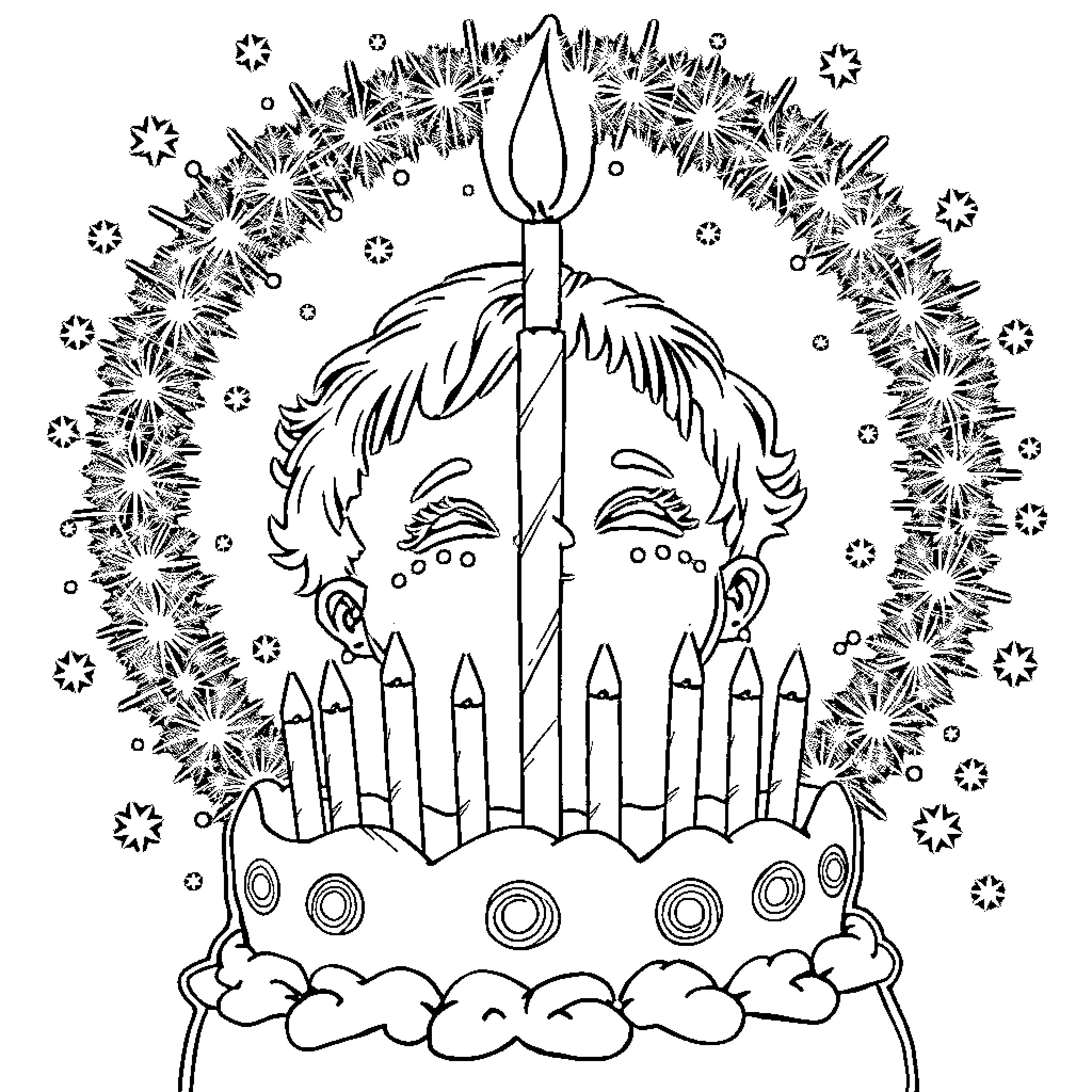 Cake with Candles and Decorations Coloring Page (free black-and-white line drawing printable PDF for all, from beginners to advanced learners, including children, teens, adults, and seniors)
