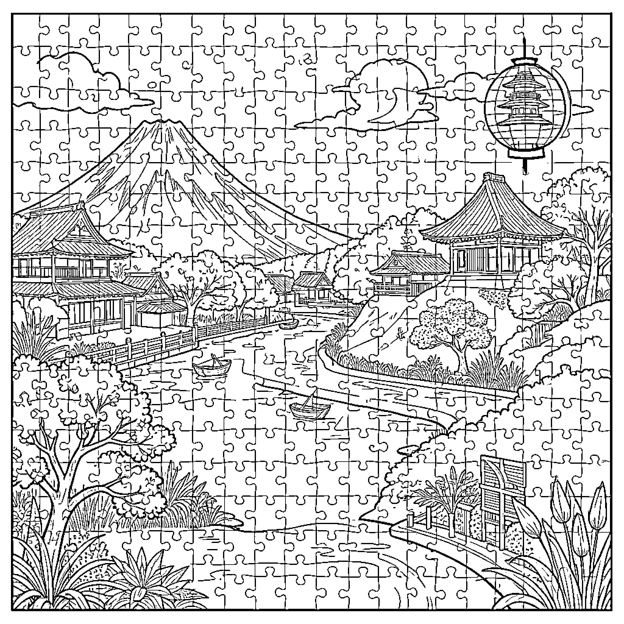 Japan scenery featuring traditional temples and Mount Fuji Coloring Page (free black-and-white line drawing printable PDF for all, from beginners to advanced learners, including children, teens, adults, and seniors)