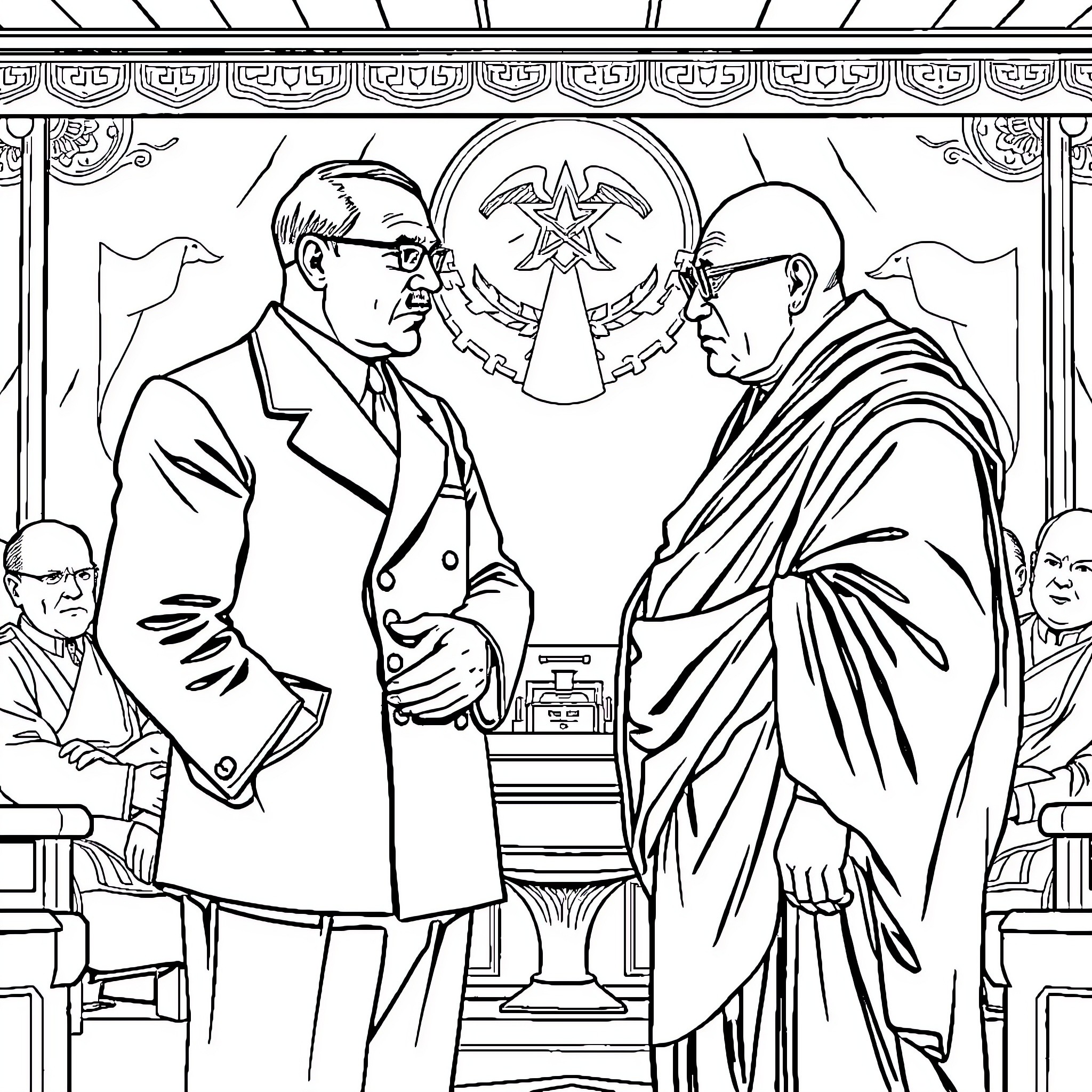 Adolf Hitler's diplomatic meeting with Nazi official Coloring Page (free black-and-white line drawing printable PDF for all, from beginners to advanced learners, including children, teens, adults, and seniors)