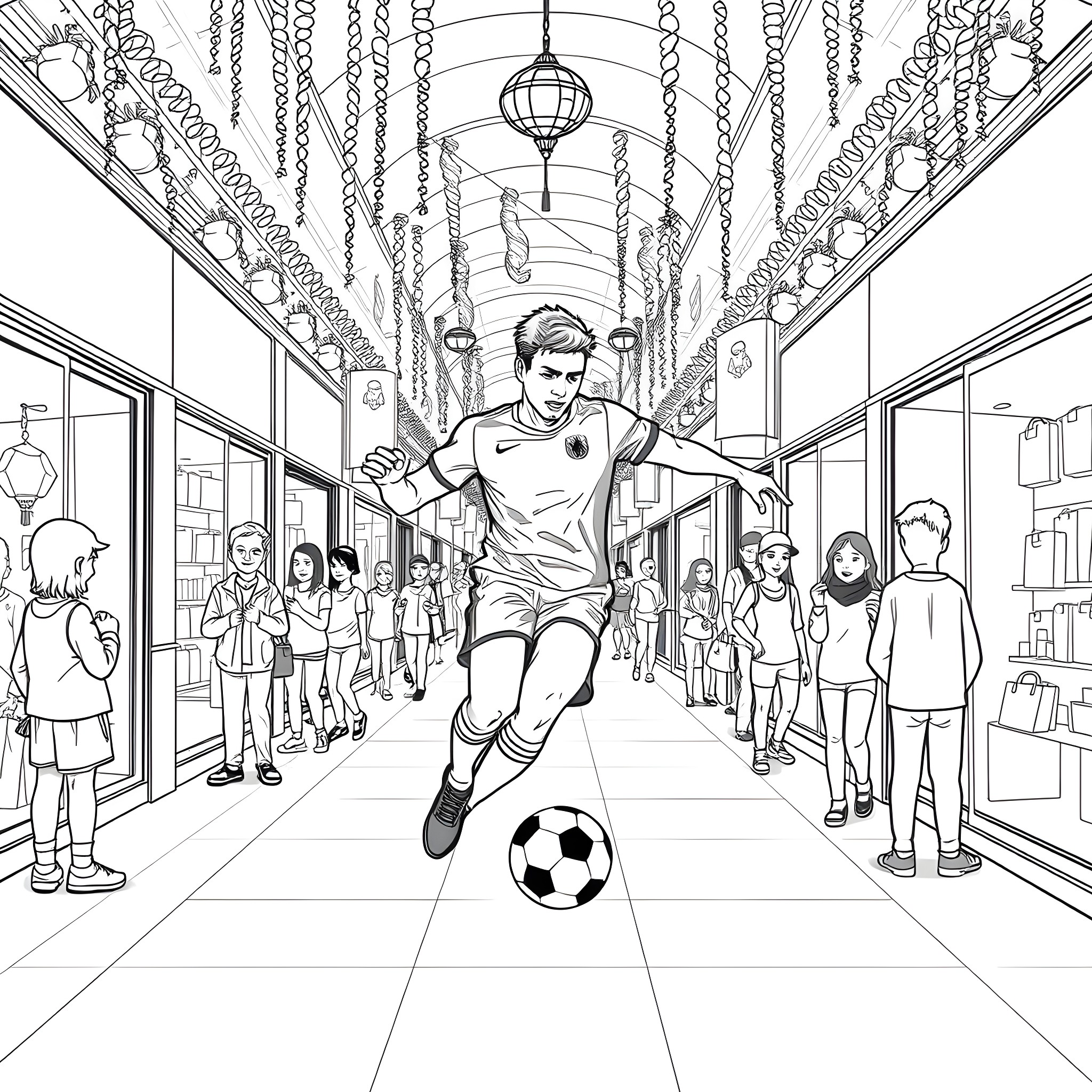 Guy playing soccer in a decorated marketplace Coloring Page (free black-and-white line drawing printable PDF for all, from beginners to advanced learners, including children, teens, adults, and seniors)