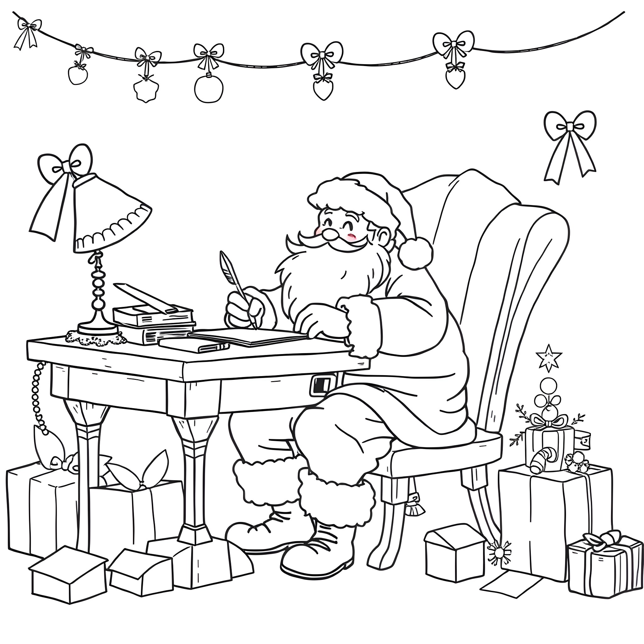 Santa writing letters at his desk with Christmas decorations Coloring Page (free black-and-white line drawing printable PDF for all, from beginners to advanced learners, including children, teens, adults, and seniors)