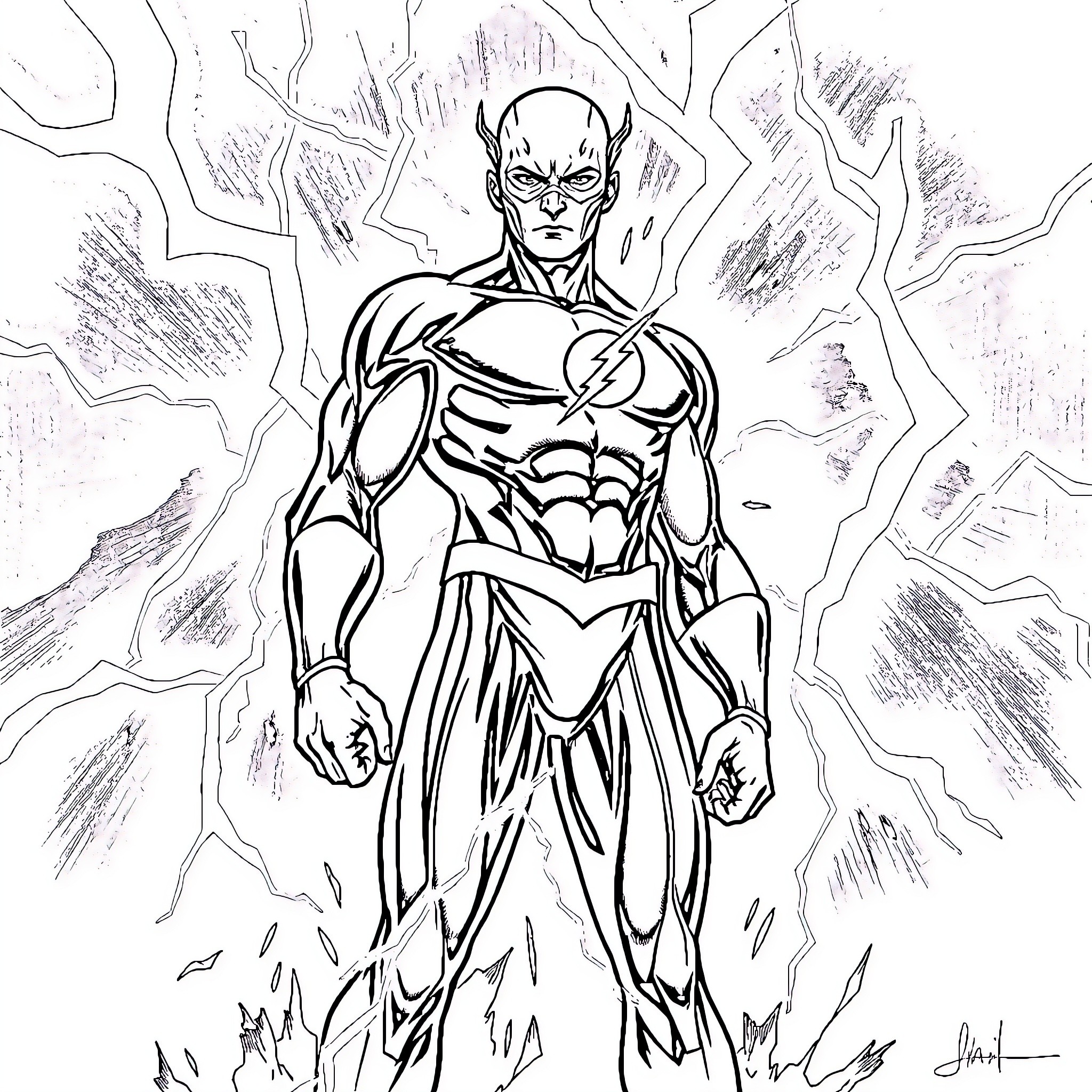 Flash Power Surge: Superhero Charging Up Coloring Page (free black-and-white line drawing printable PDF for all, from beginners to advanced learners, including children, teens, adults, and seniors)