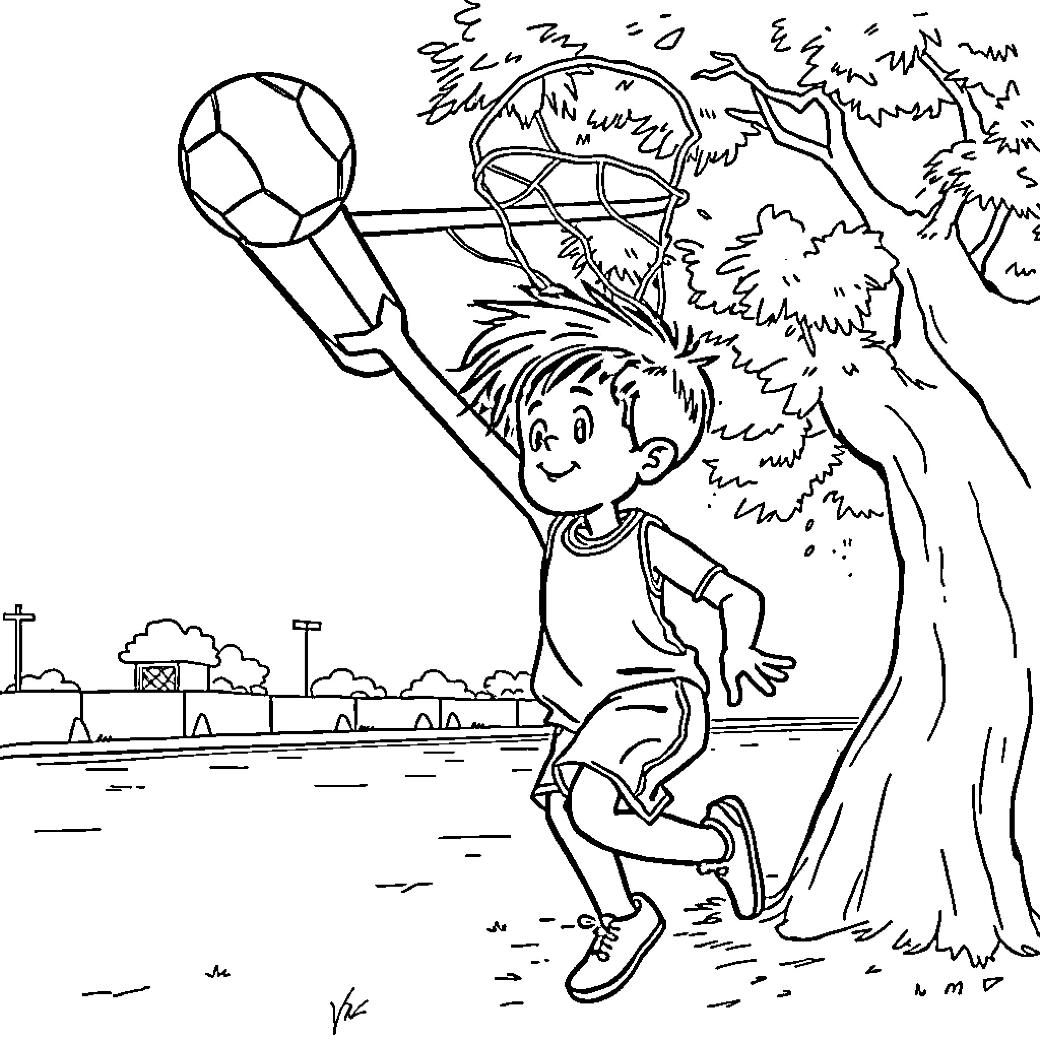 Boy playing soccer happily in the park Coloring Page (free black-and-white line drawing printable PDF for all, from beginners to advanced learners, including children, teens, adults, and seniors)