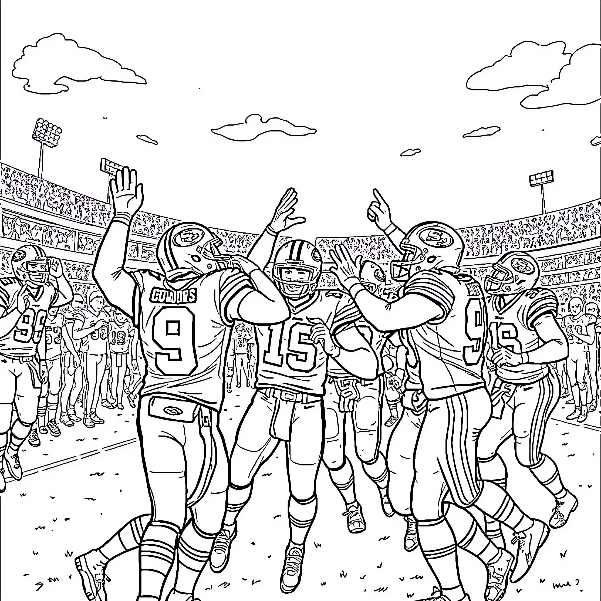 San Francisco 49ers players celebrating on the field Coloring Page (free black-and-white line drawing printable PDF for all, from beginners to advanced learners, including children, teens, adults, and seniors)