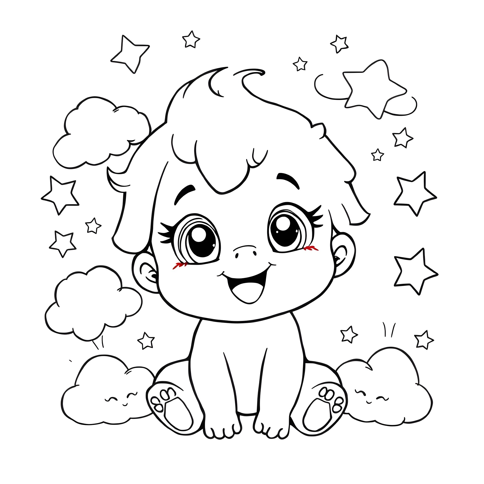 Baby Scoopy enjoying the starry night sky Coloring Page (free black-and-white line drawing printable PDF for all, from beginners to advanced learners, including children, teens, adults, and seniors)