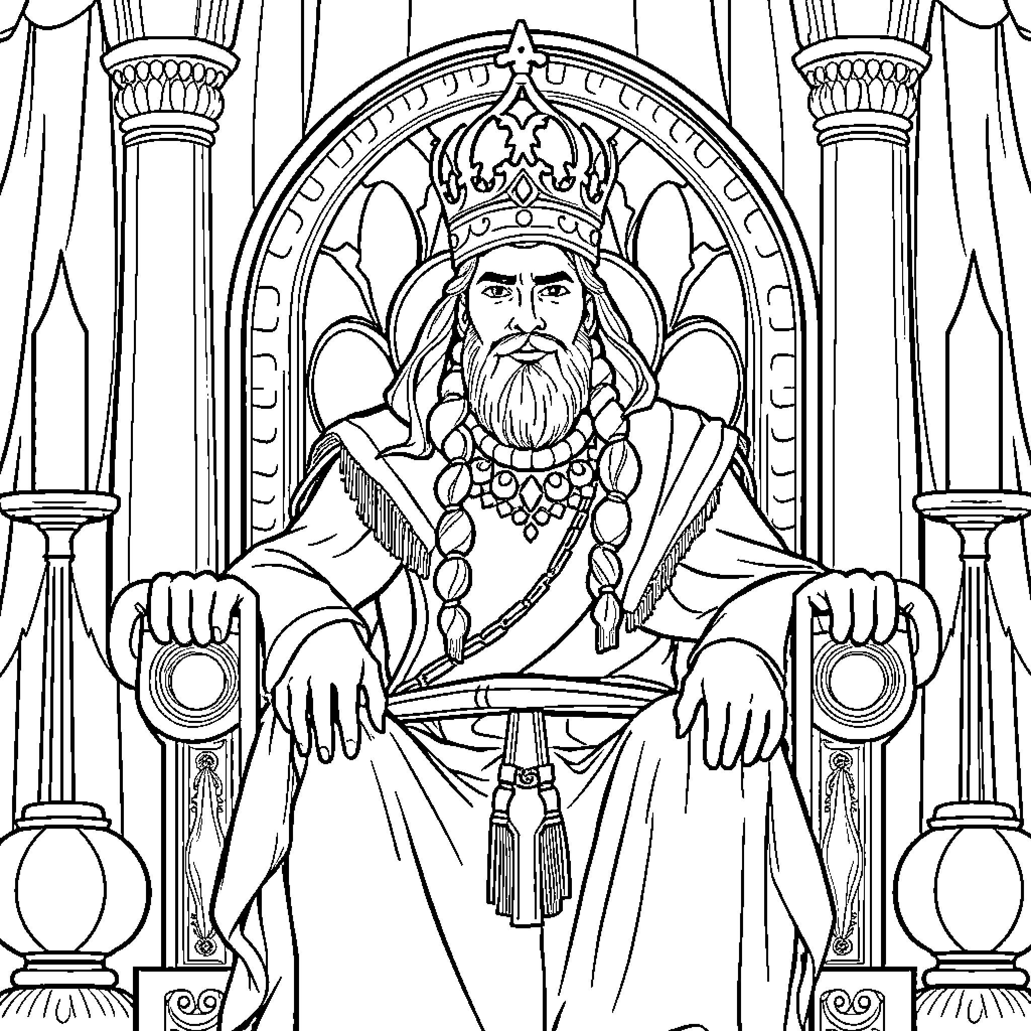 John Smith seated on throne in elaborate cathedral Coloring Page (free black-and-white line drawing printable PDF for all, from beginners to advanced learners, including children, teens, adults, and seniors)