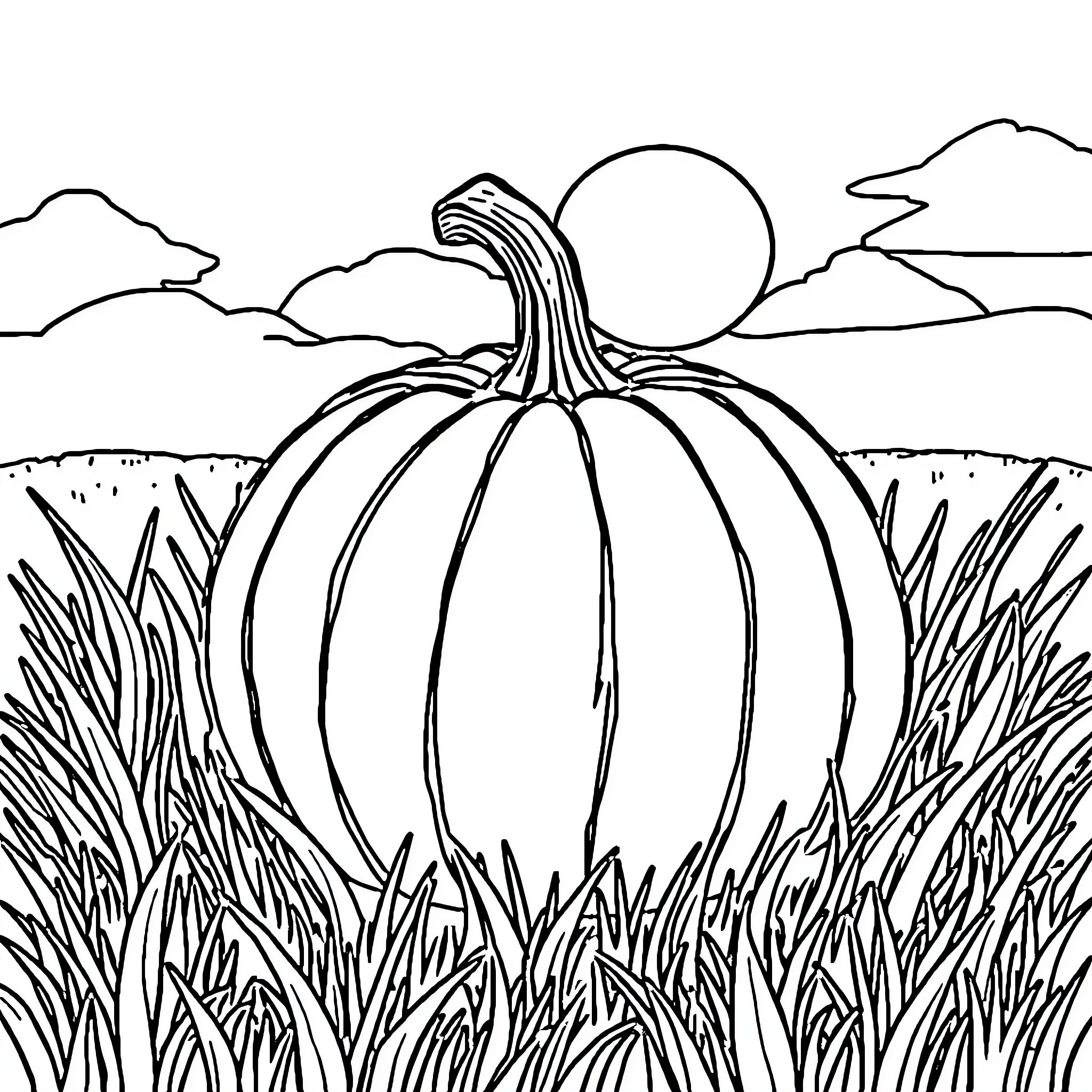 Pumpkin in the Autumn Landscape Coloring Page (free black-and-white line drawing printable PDF for all, from beginners to advanced learners, including children, teens, adults, and seniors)