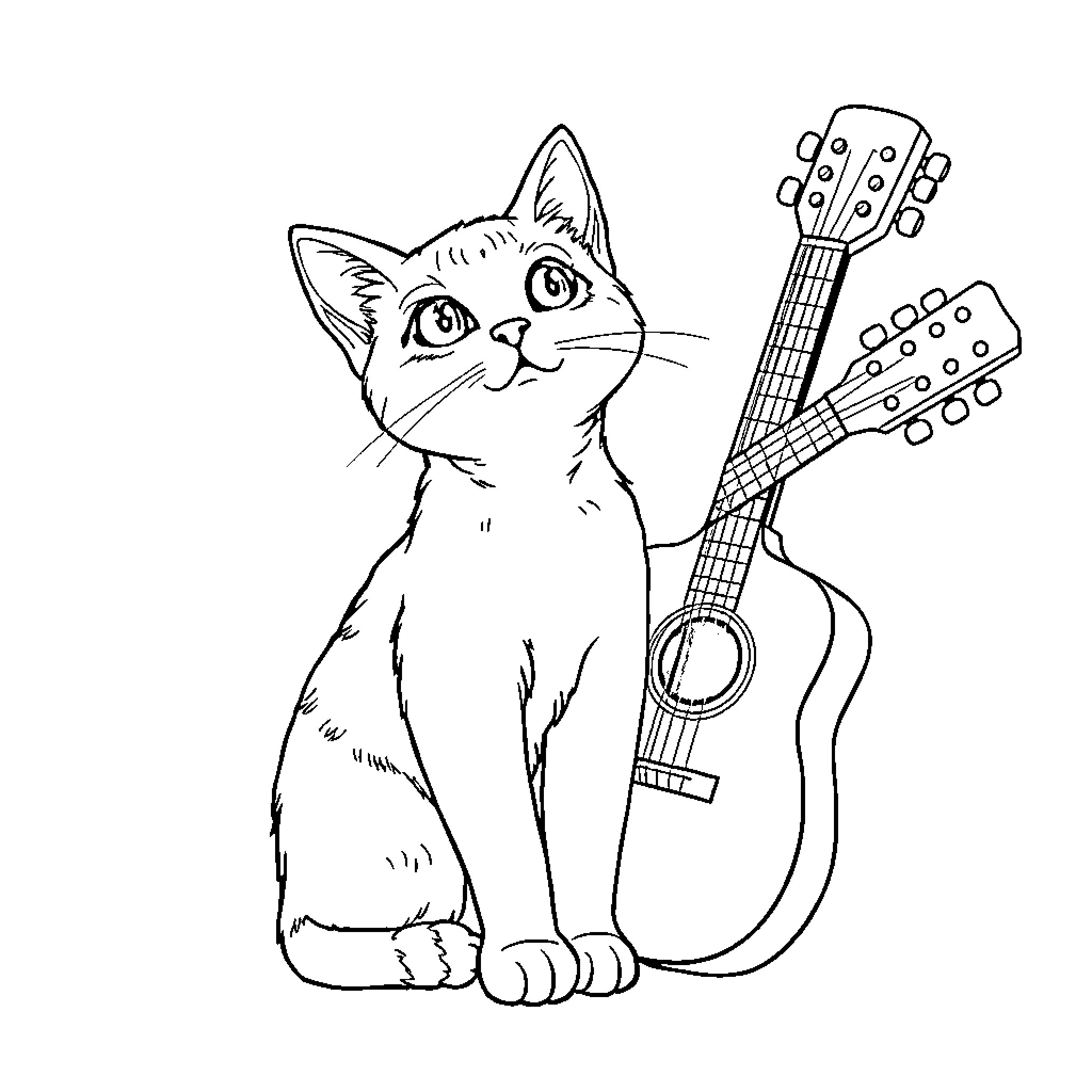 Cat playing with guitar in black and white Coloring Page (free black-and-white line drawing printable PDF for all, from beginners to advanced learners, including children, teens, adults, and seniors)