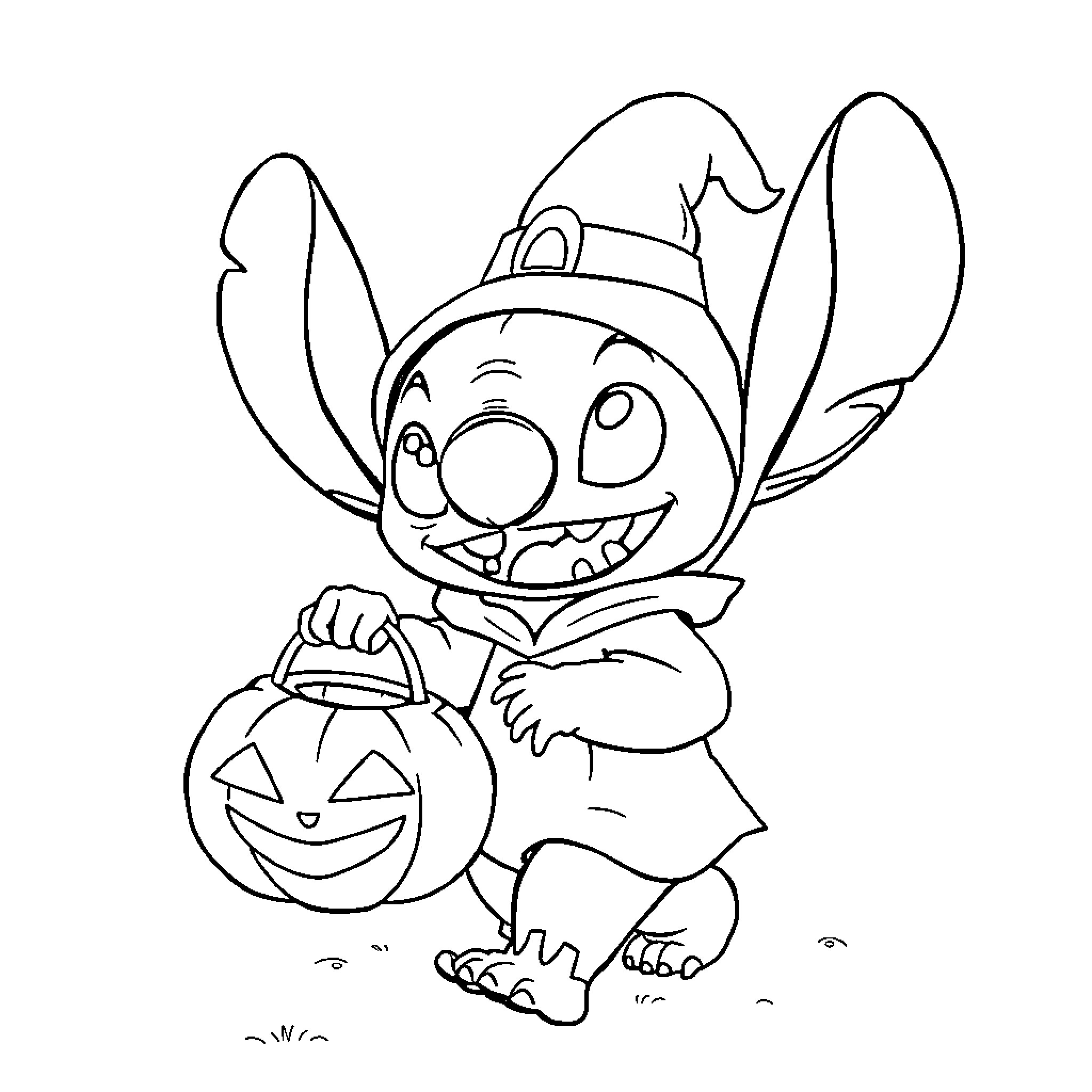 Stitch trick-or-treating with a pumpkin bucket Coloring Page (free black-and-white line drawing printable PDF for all, from beginners to advanced learners, including children, teens, adults, and seniors)