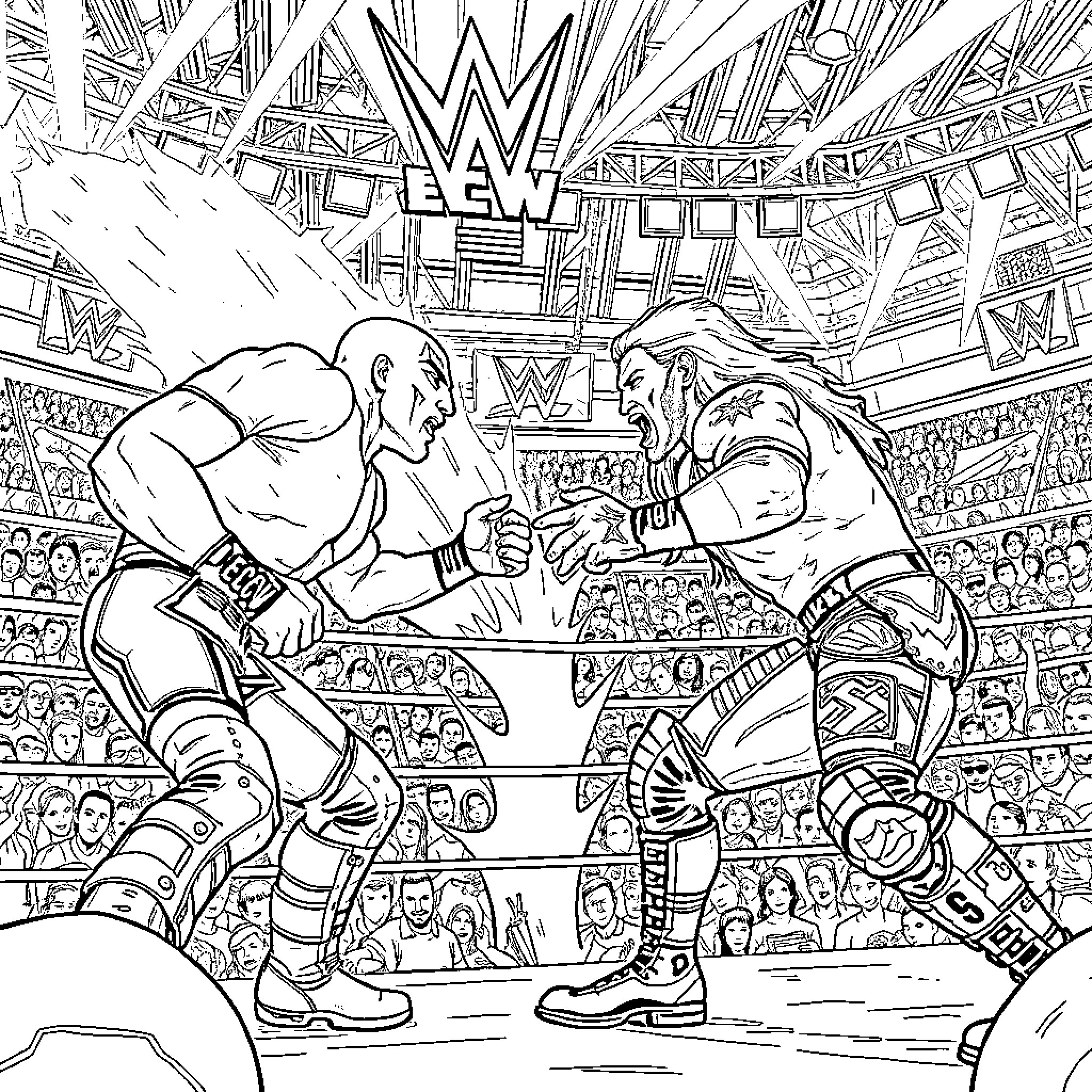 Wrestling action-packed scene with intense expressions Coloring Page (free black-and-white line drawing printable PDF for all, from beginners to advanced learners, including children, teens, adults, and seniors)
