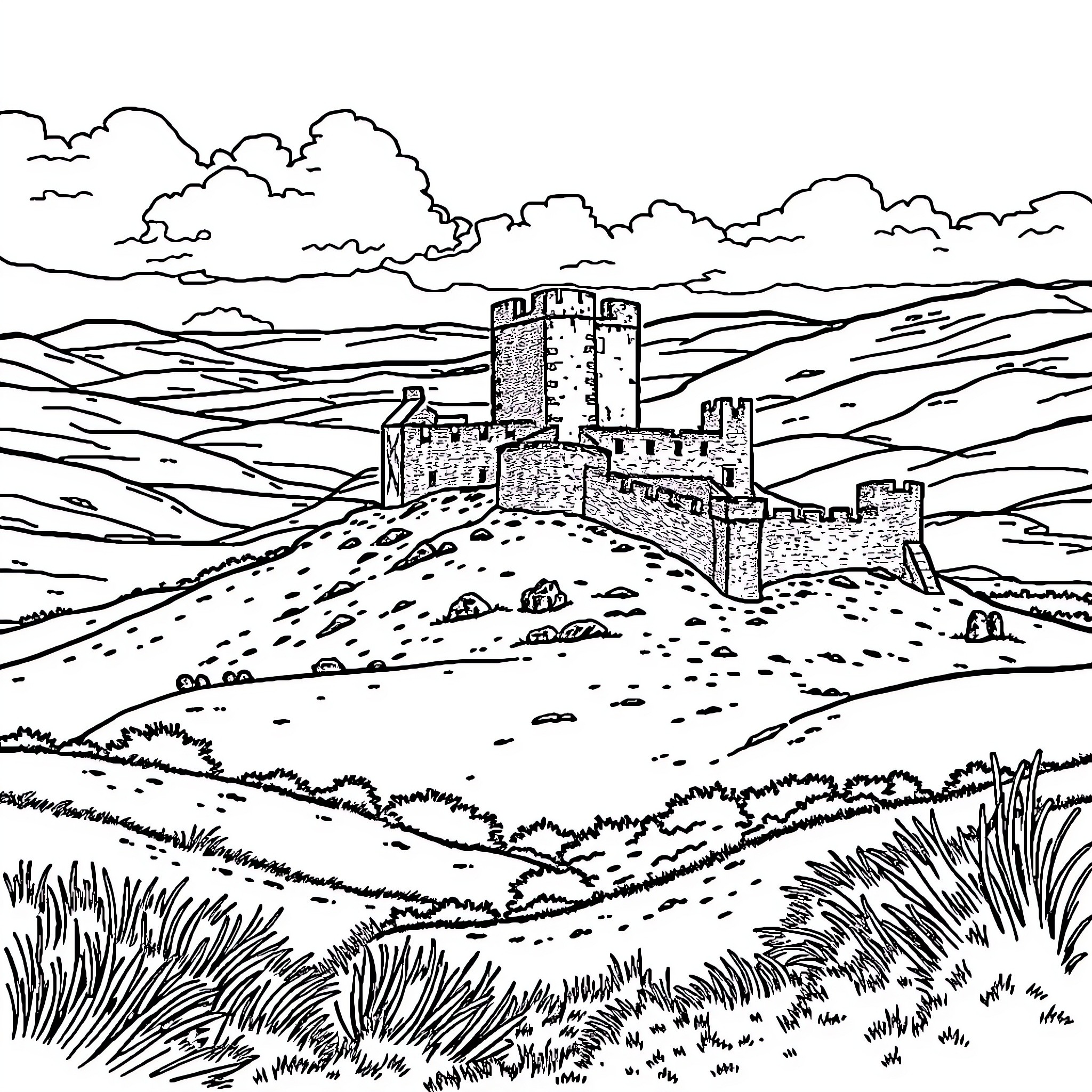Ireland: Majestic Castle Overlooking Rugged Countryside Coloring Page (free black-and-white line drawing printable PDF for all, from beginners to advanced learners, including children, teens, adults, and seniors)