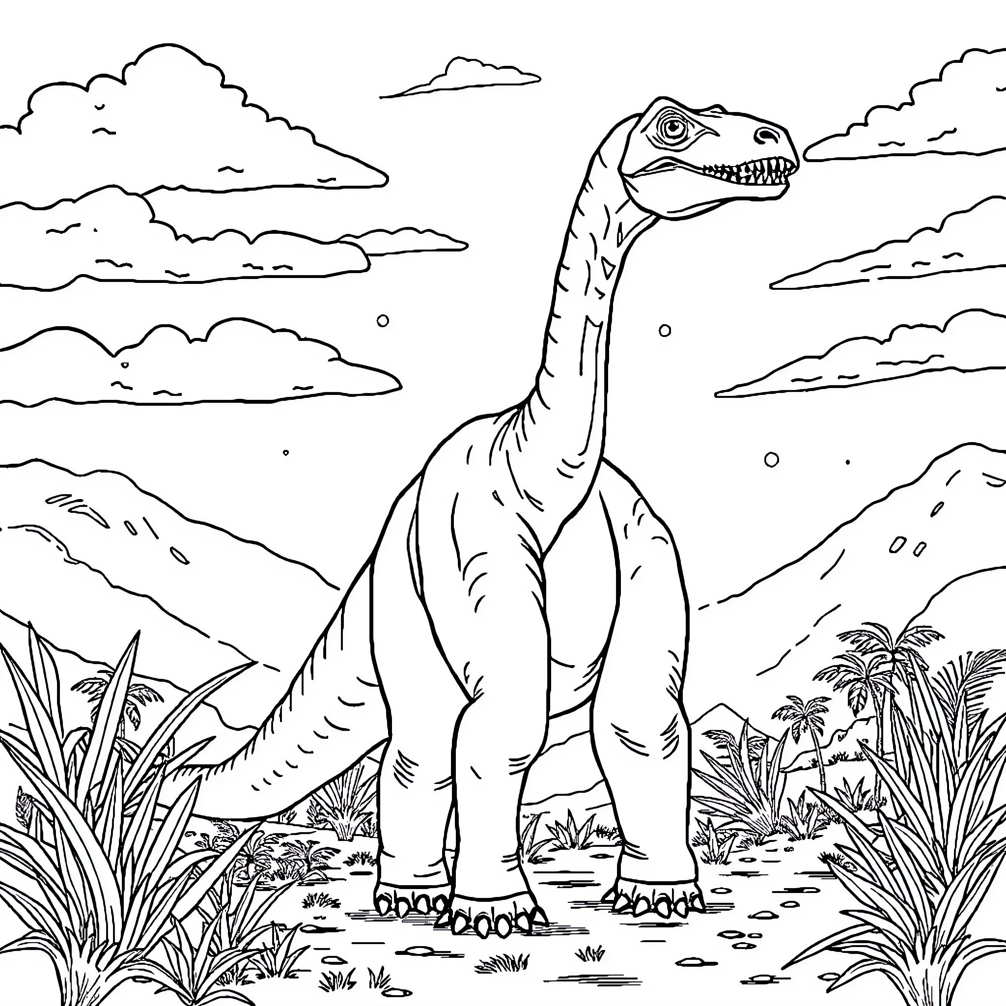 Dinosaur exploring the prehistoric landscape Coloring Page (free black-and-white line drawing printable PDF for all, from beginners to advanced learners, including children, teens, adults, and seniors)
