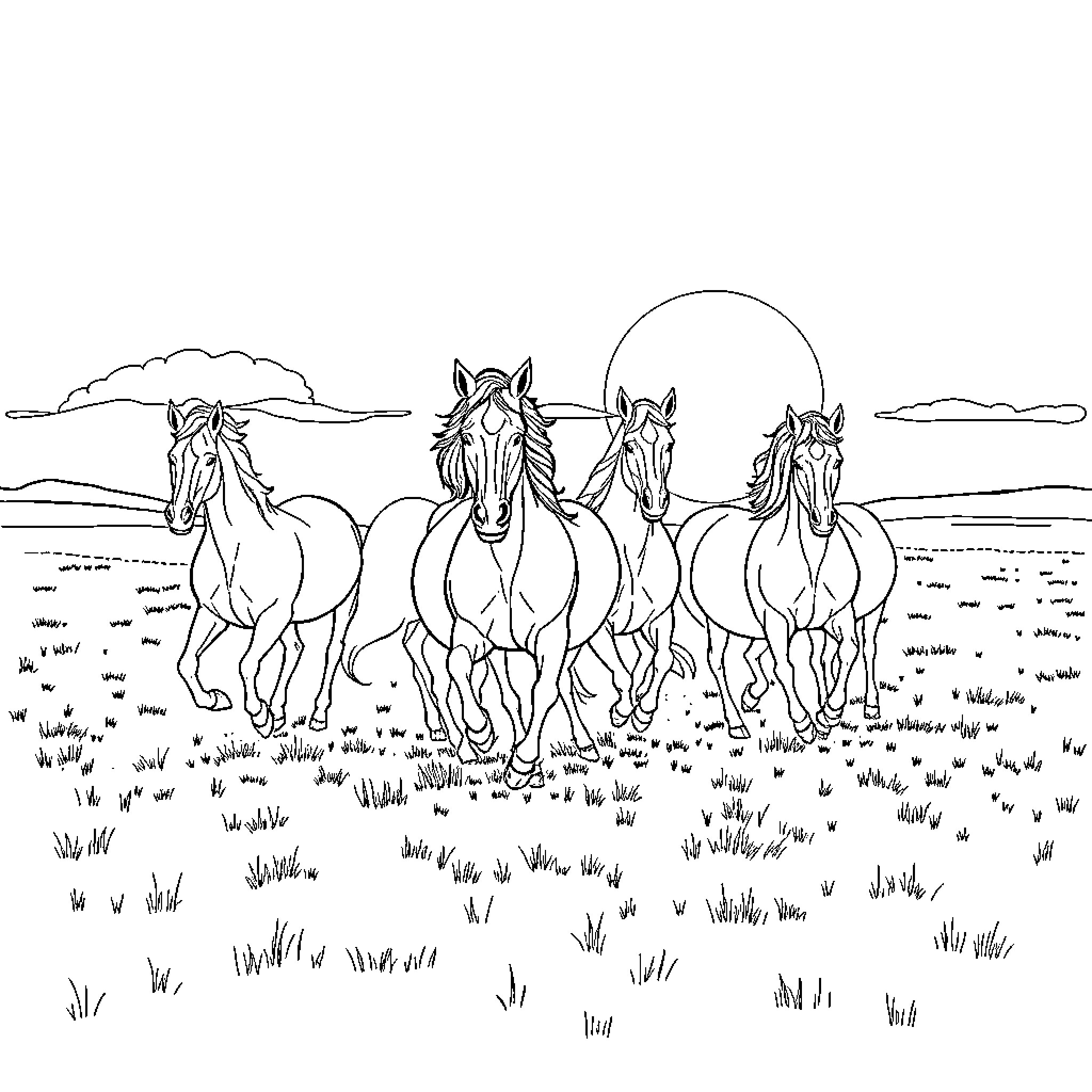 Horse herd galloping through the open field Coloring Page (free black-and-white line drawing printable PDF for all, from beginners to advanced learners, including children, teens, adults, and seniors)