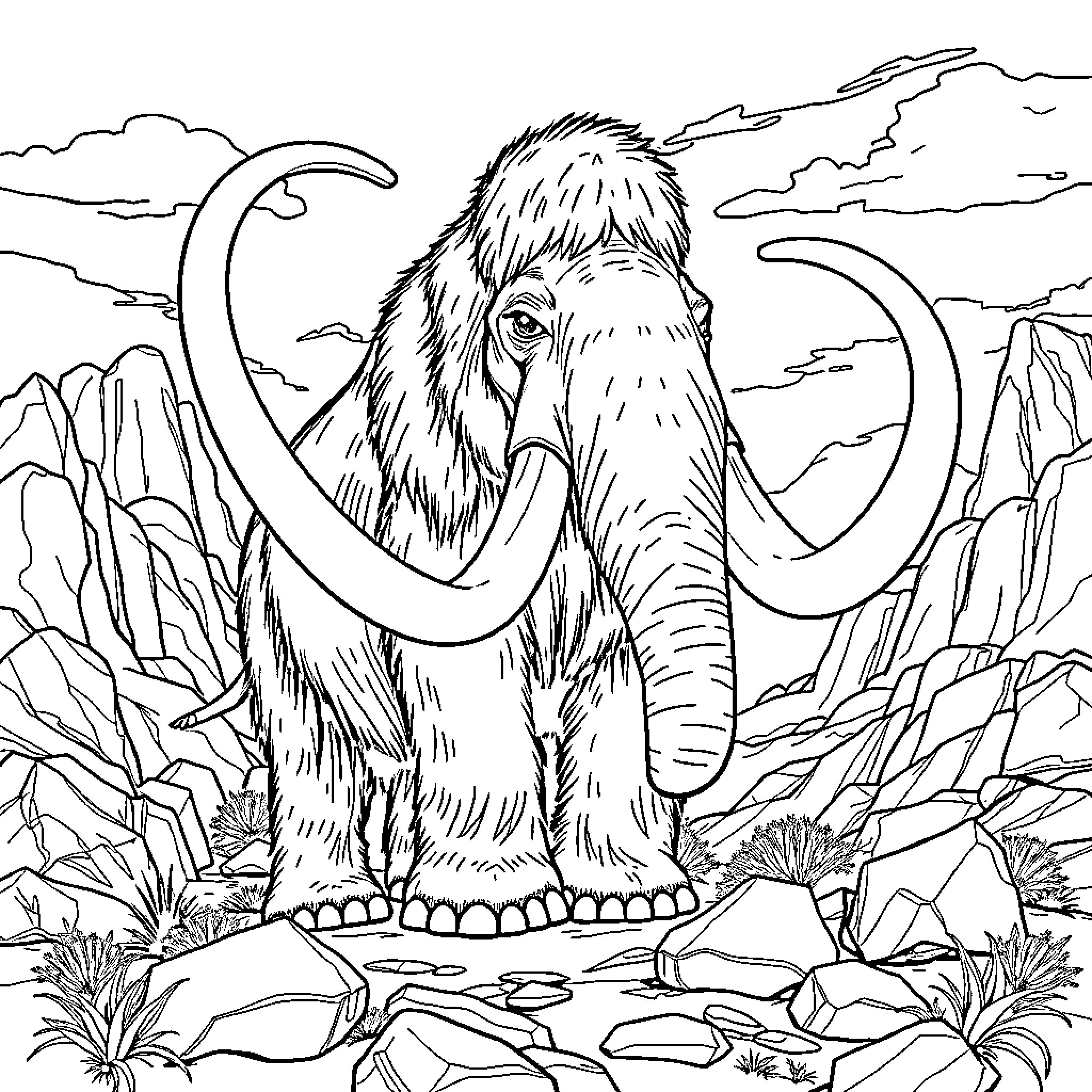 Mammoth wandering through snowy landscape Coloring Page (free black-and-white line drawing printable PDF for all, from beginners to advanced learners, including children, teens, adults, and seniors)