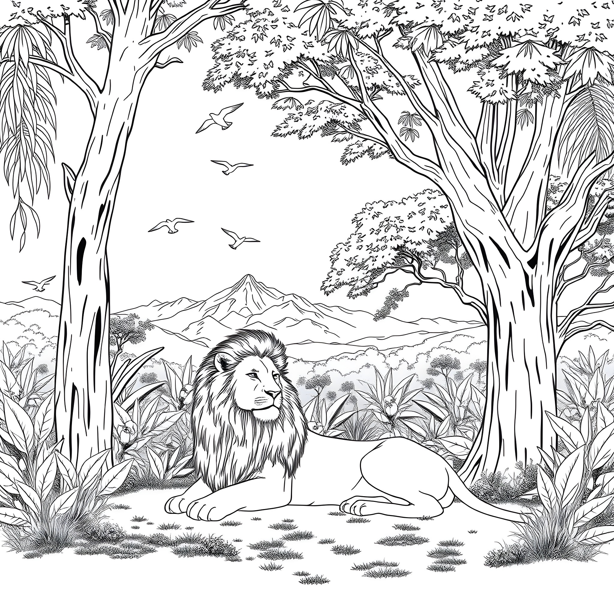 Lioness resting peacefully in lush jungle landscape Coloring Page (free black-and-white line drawing printable PDF for all, from beginners to advanced learners, including children, teens, adults, and seniors)