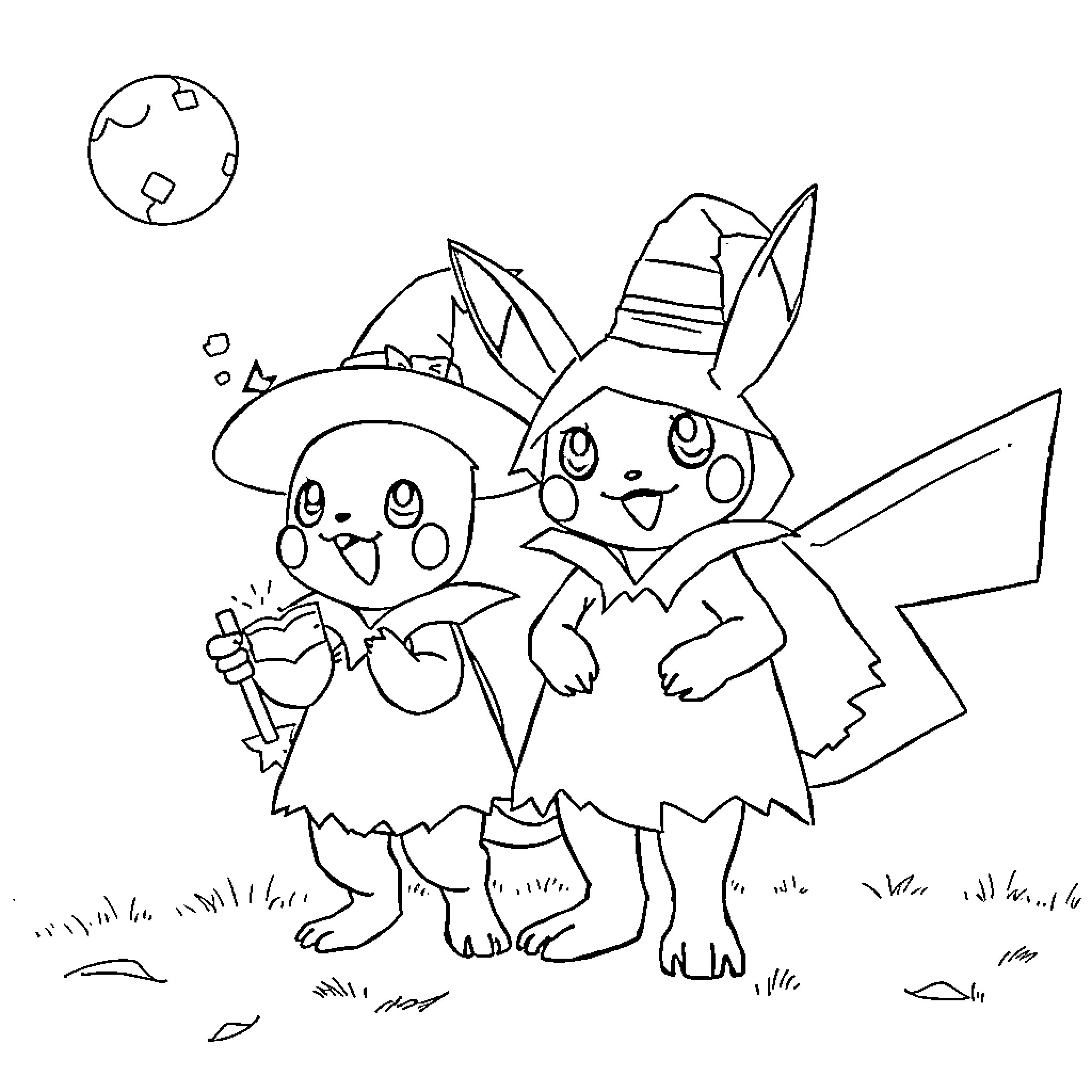 Pokémon Characters in Whimsical Adventure Coloring Page (free black-and-white line drawing printable PDF for all, from beginners to advanced learners, including children, teens, adults, and seniors)