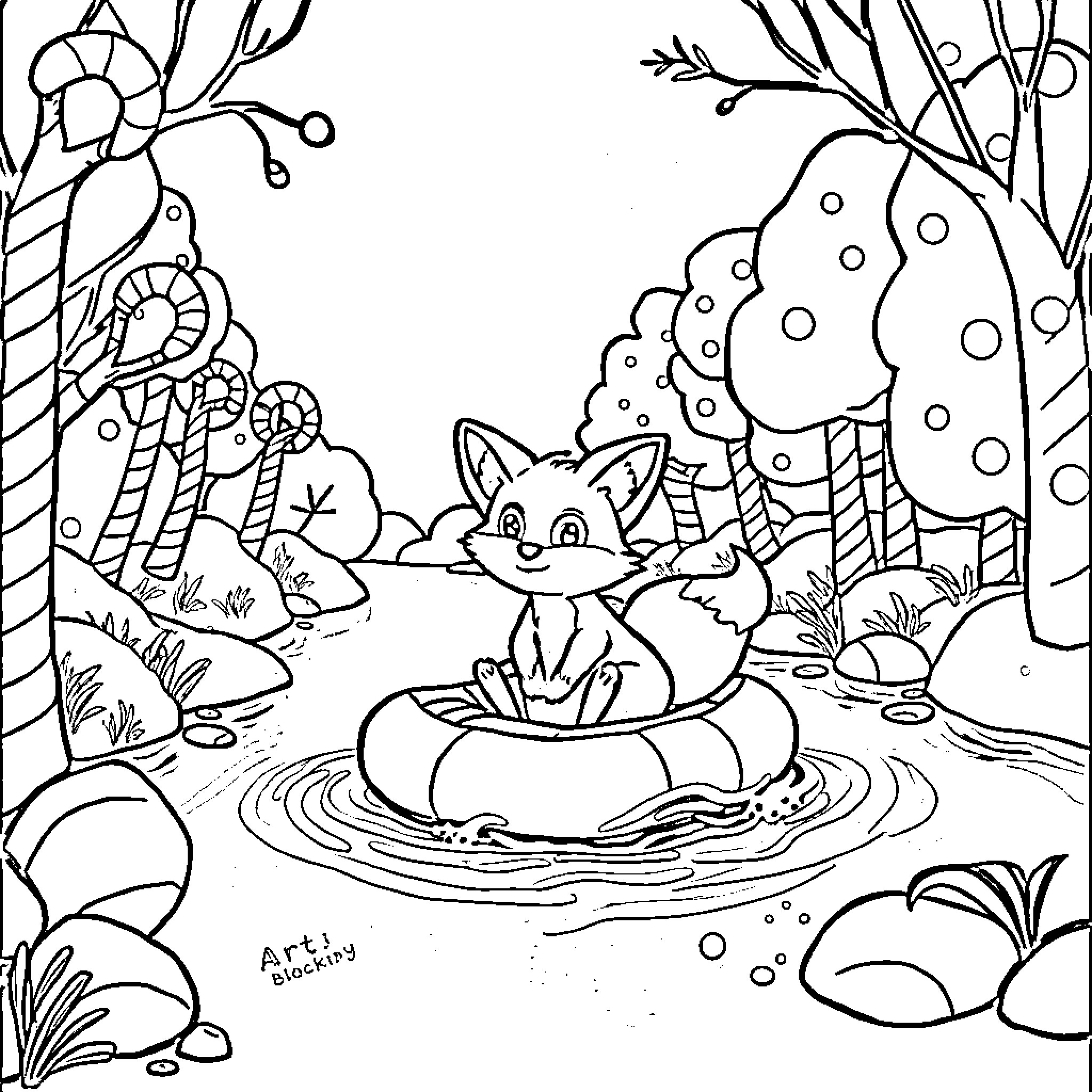 Animal relaxing in whimsical forest scene Coloring Page (free black-and-white line drawing printable PDF for all, from beginners to advanced learners, including children, teens, adults, and seniors)