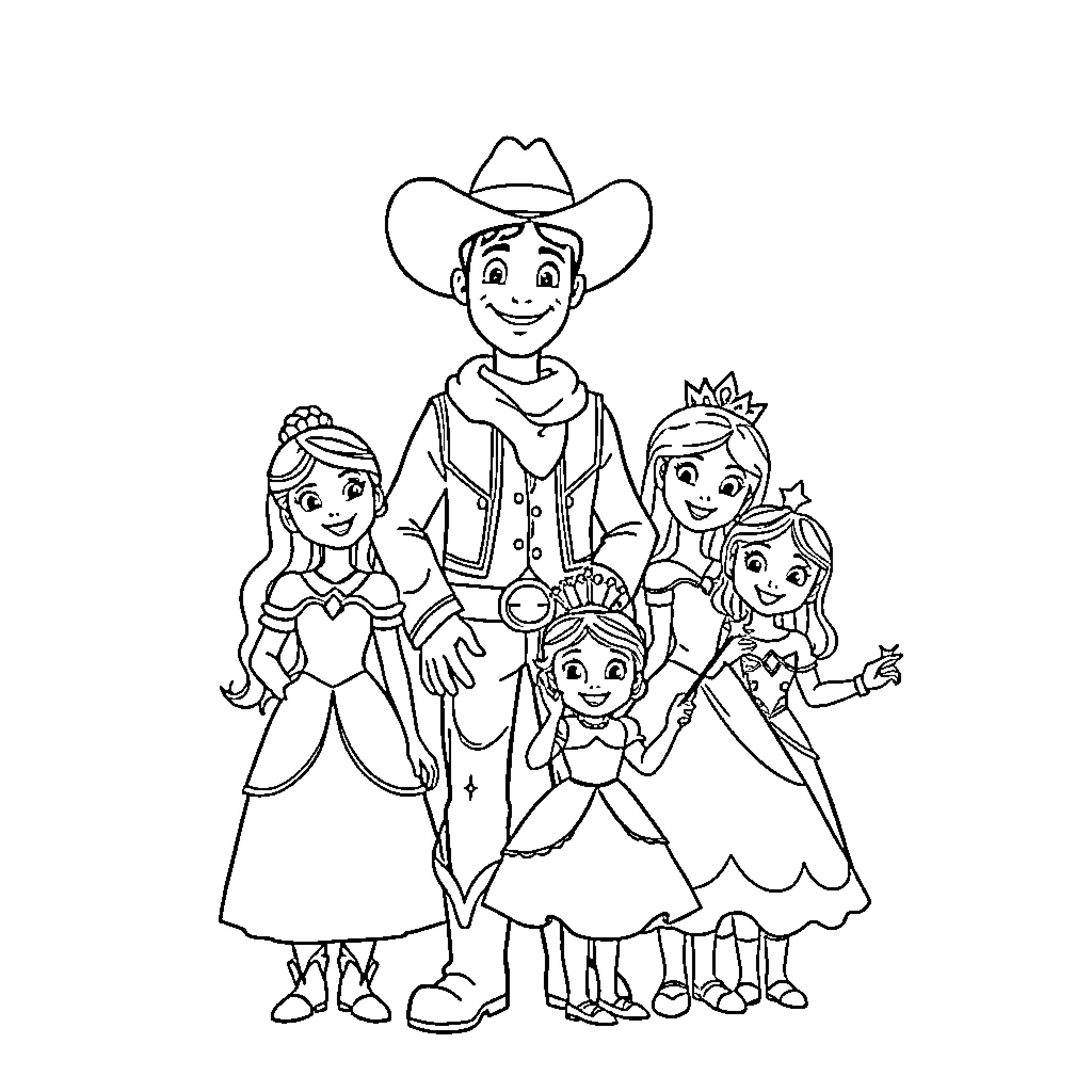 Cowboy with family in Western attire Coloring Page (free black-and-white line drawing printable PDF for all, from beginners to advanced learners, including children, teens, adults, and seniors)