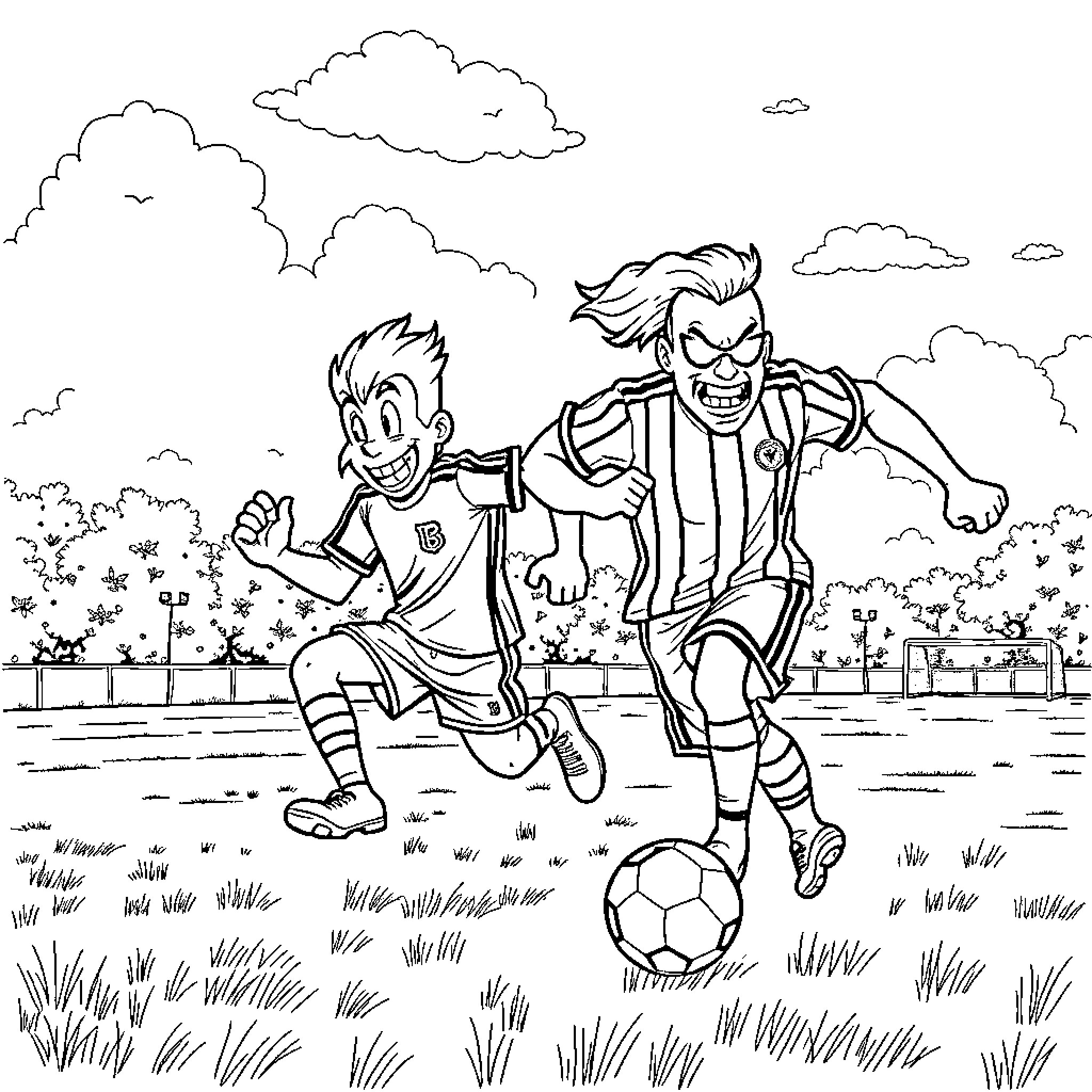 Flush and Badman chasing after a soccer ball on the field Coloring Page (free black-and-white line drawing printable PDF for all, from beginners to advanced learners, including children, teens, adults, and seniors)