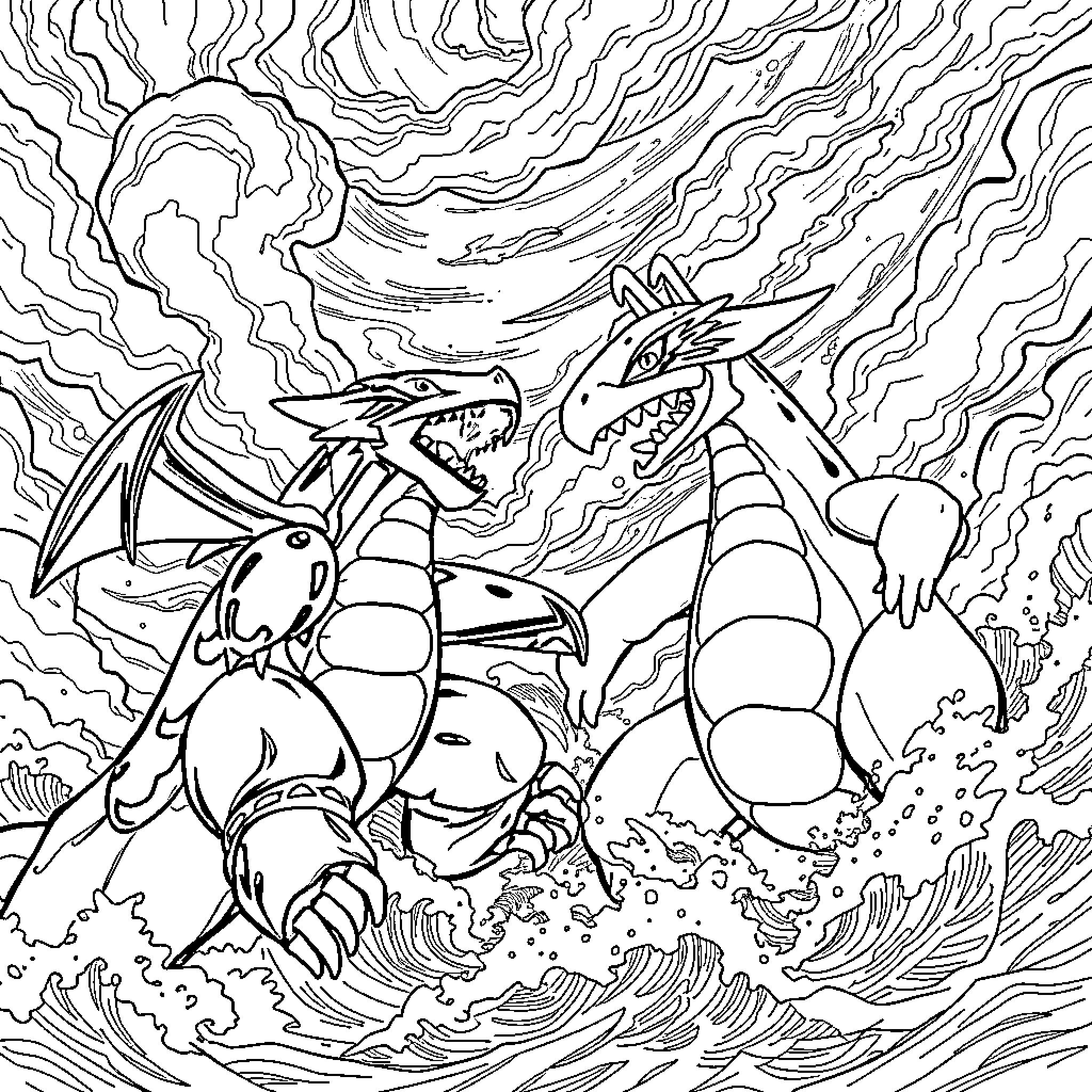 Pokémon Battling Dragons in Epic Clash Coloring Page (free black-and-white line drawing printable PDF for all, from beginners to advanced learners, including children, teens, adults, and seniors)
