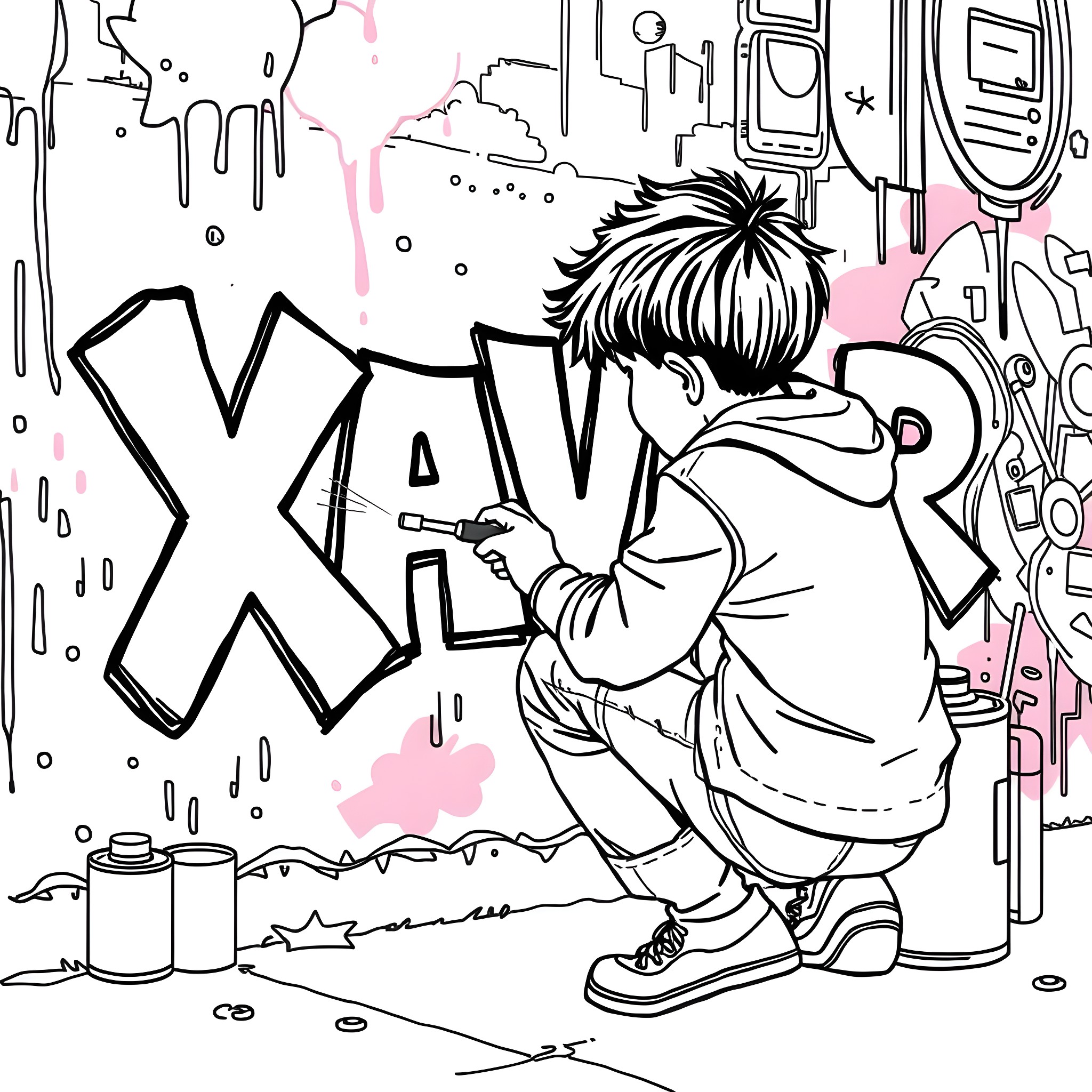 Boy spraying graffiti on a wall Coloring Page (free black-and-white line drawing printable PDF for all, from beginners to advanced learners, including children, teens, adults, and seniors)