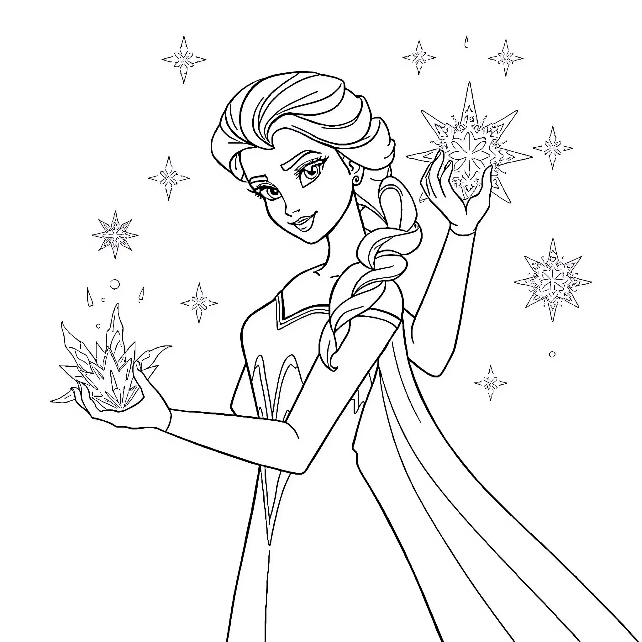 Elsa's Magical Snowy Wonderland Coloring Page (free black-and-white line drawing printable PDF for all, from beginners to advanced learners, including children, teens, adults, and seniors)