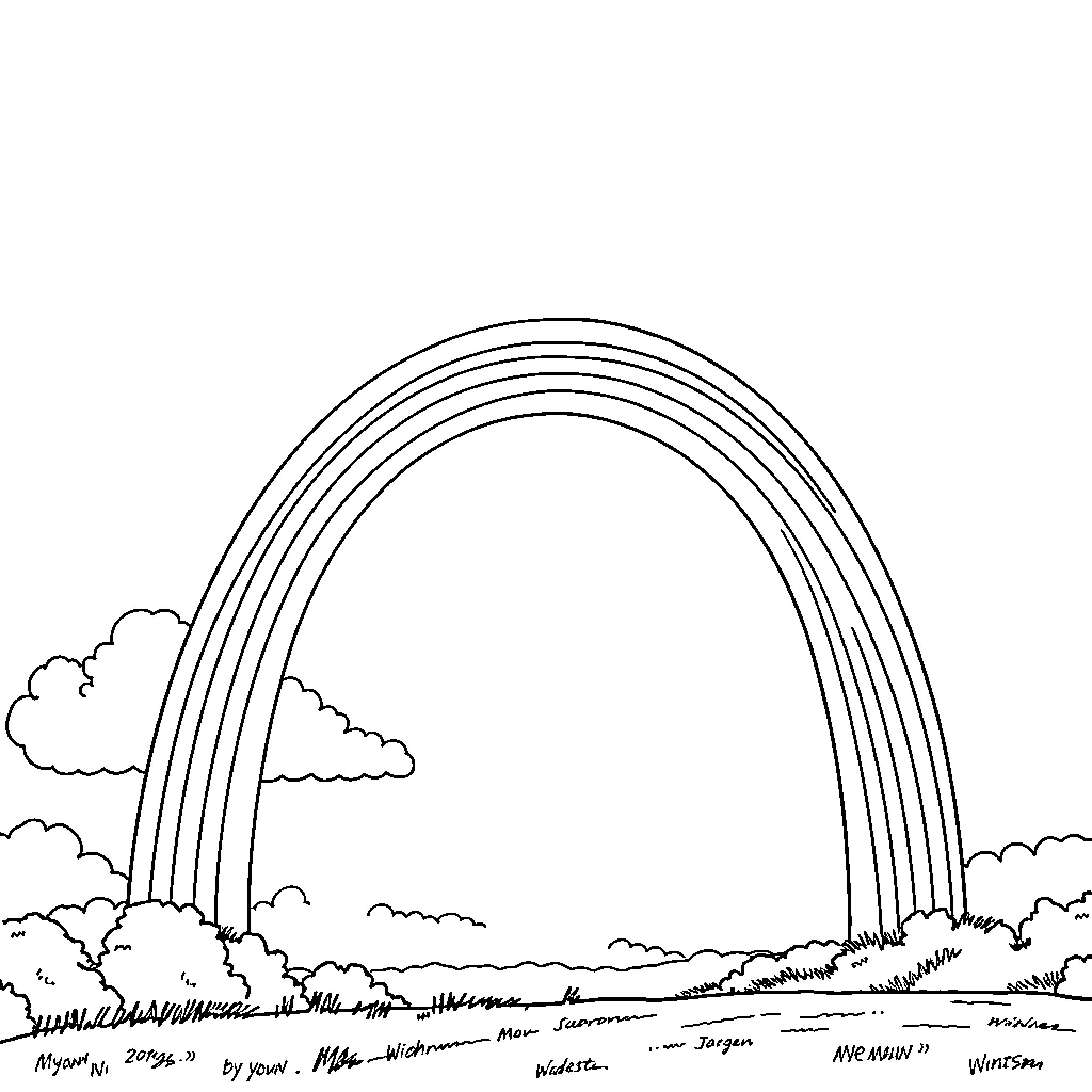 Rainbow over the tranquil landscape Coloring Page (free black-and-white line drawing printable PDF for all, from beginners to advanced learners, including children, teens, adults, and seniors)